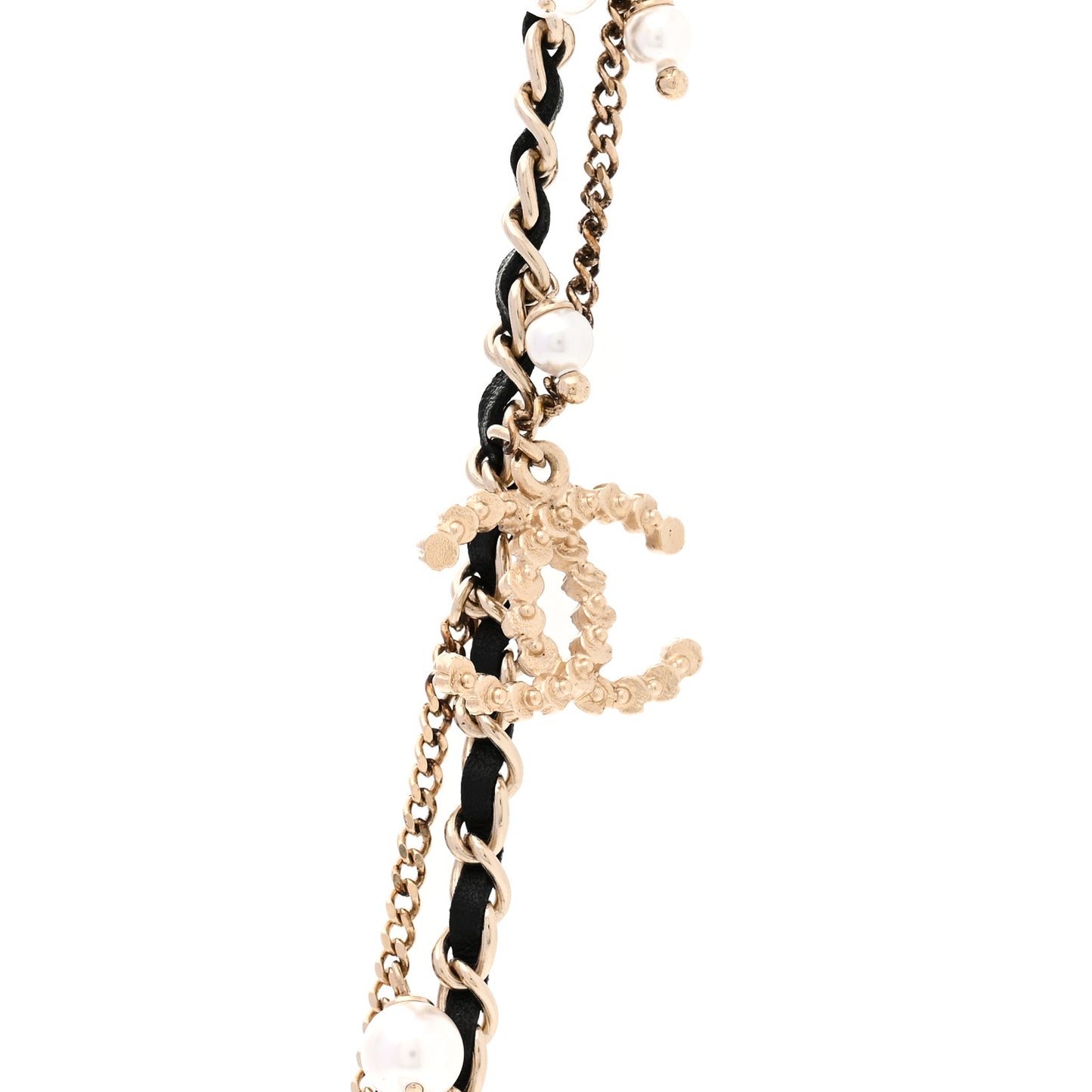Lambskin Pearl CC Chain Multi Strand Necklace Black Gold