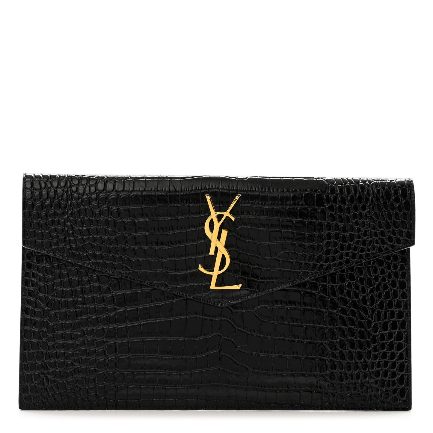 Calfskin Crocodile Embossed Uptown Monogram Clutch Black