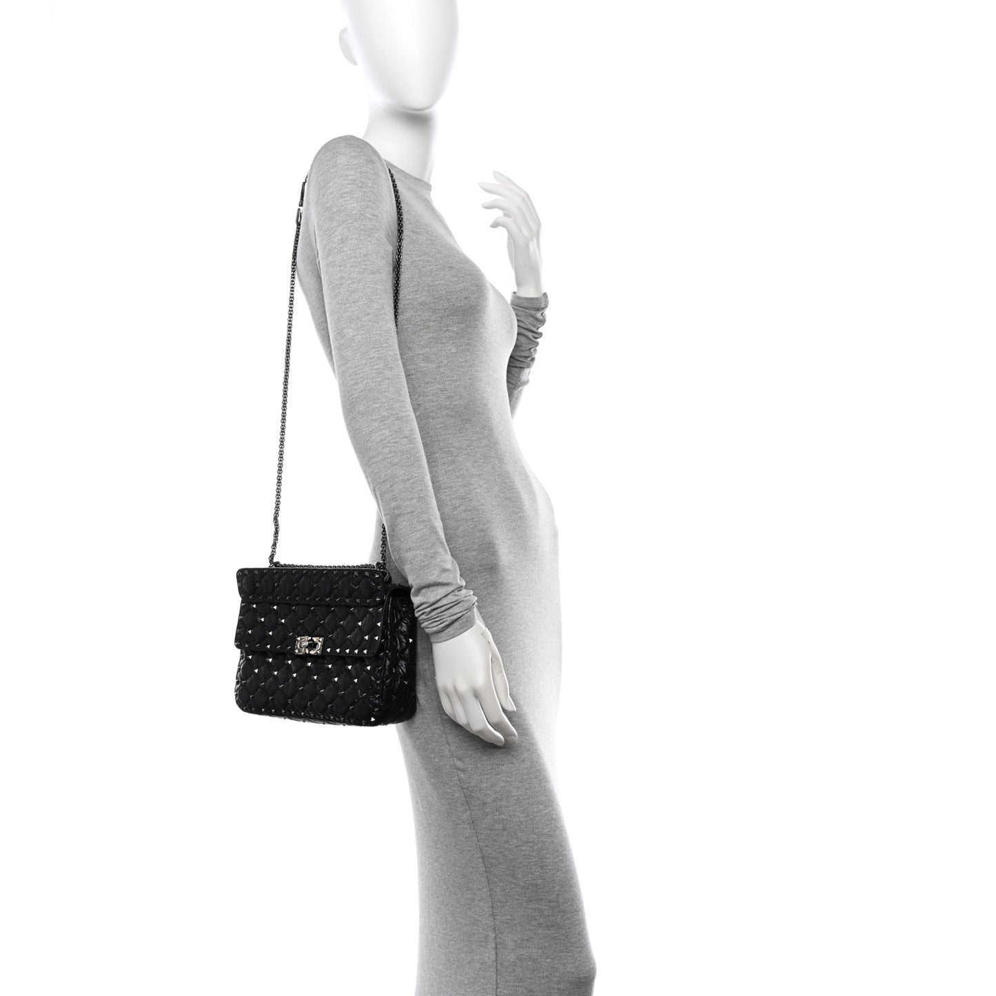 Craquele Nappa Medium Rockstud Spike Shoulder Bag Black