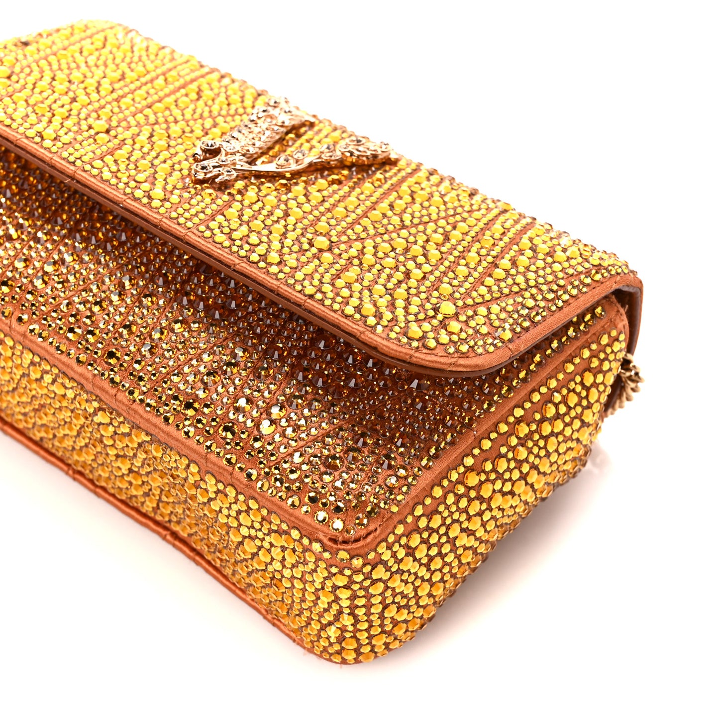 Satin Crystal Virtus Chain Clutch Orange