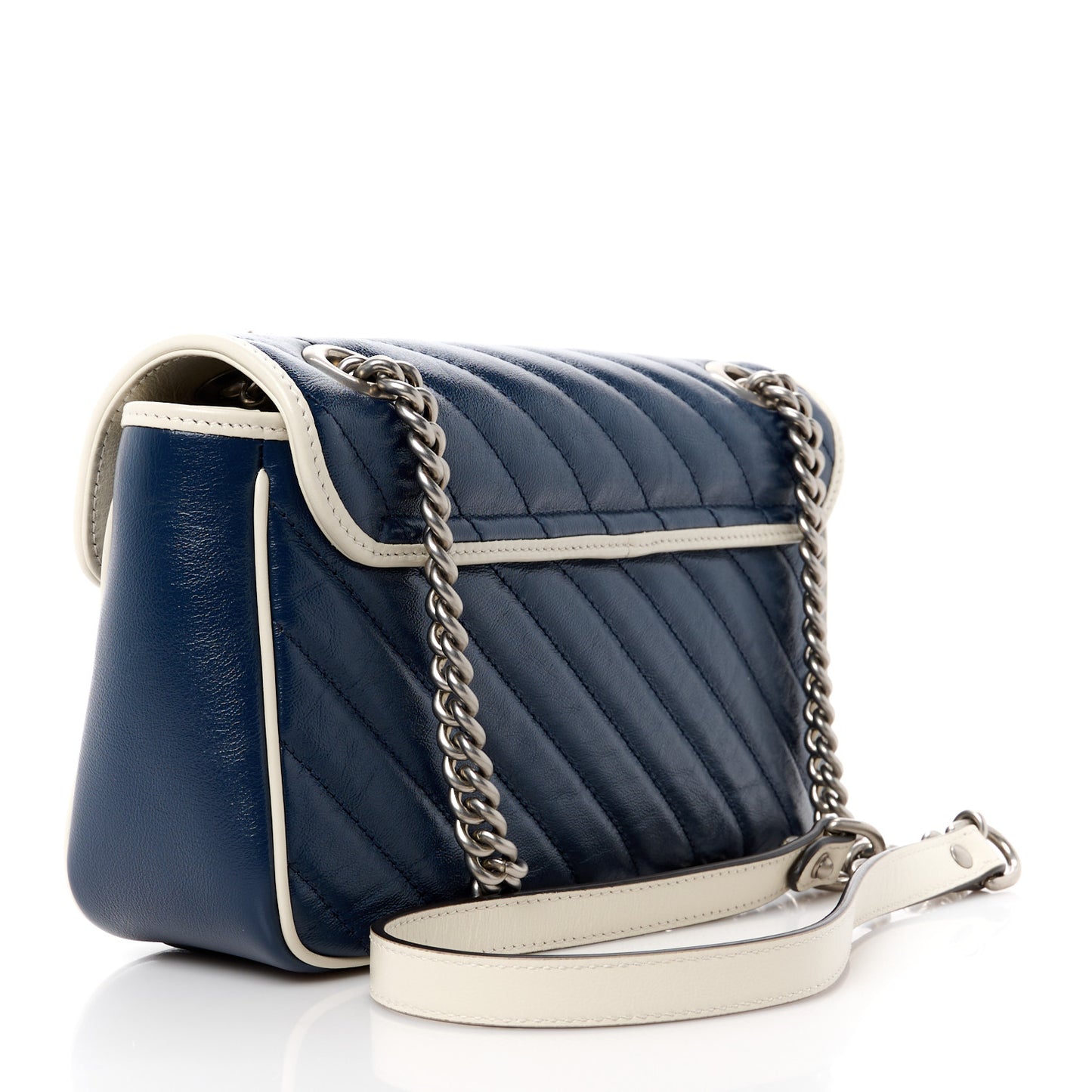 Vintage Effect Calfskin Matelasse Diagonal Small Torchon GG Marmont Shoulder Bag Blue Agata Mystic White