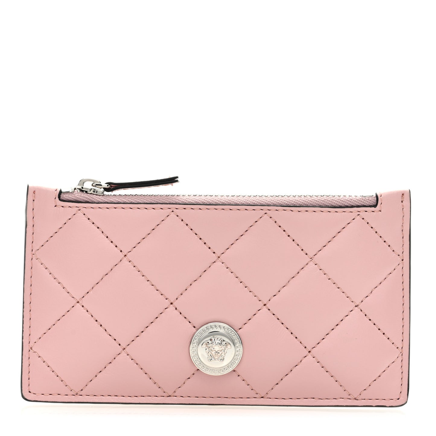 Calfskin Quilted Medusa Zip Card Holder Wallet Pink