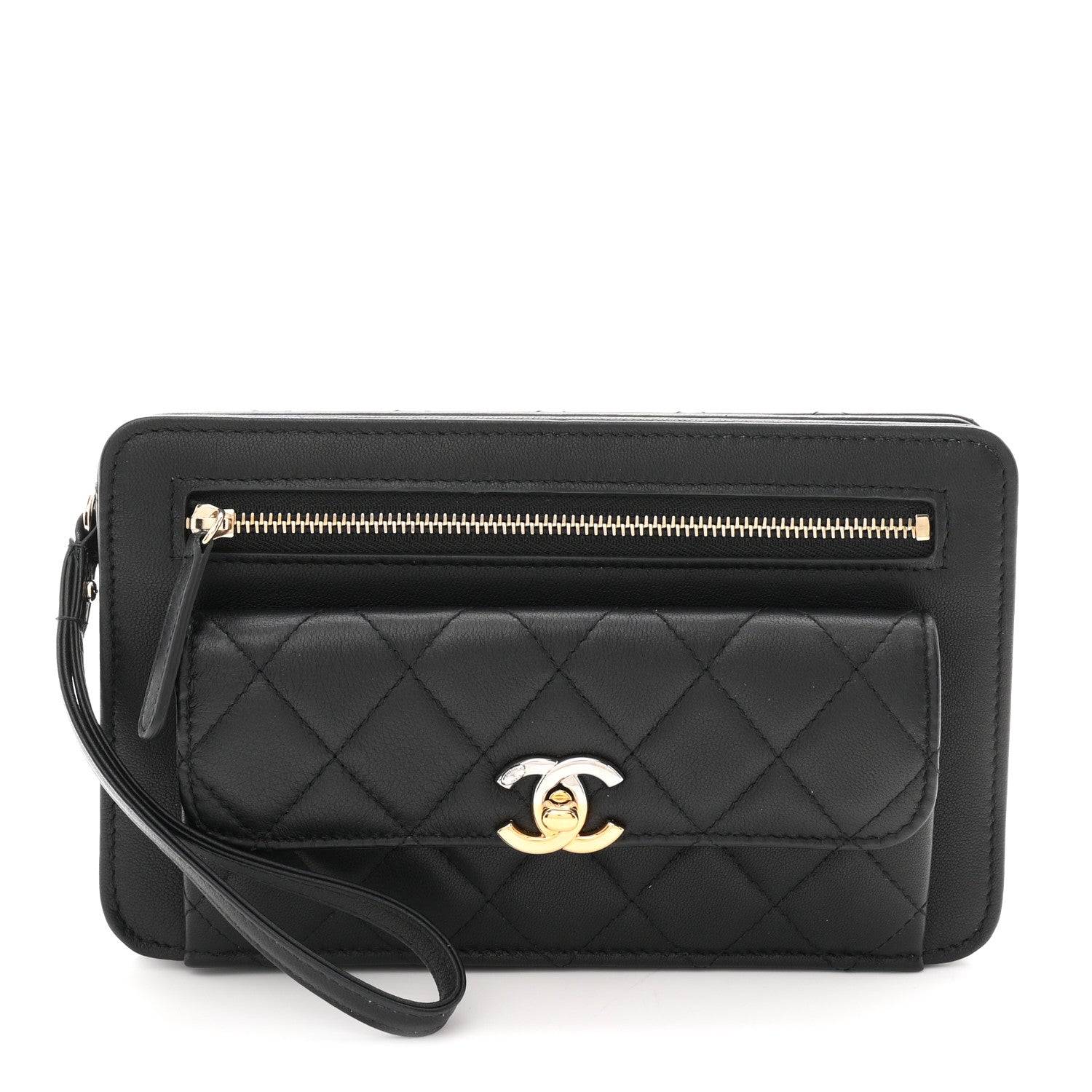 Chanel Lambskin Quilted Front Pocket Wristlet Black 1906989