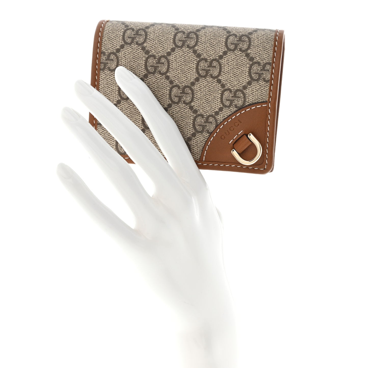 GG Supreme Monogram Textured Calfskin Emblem Mini Wallet Beige Dark Brown
