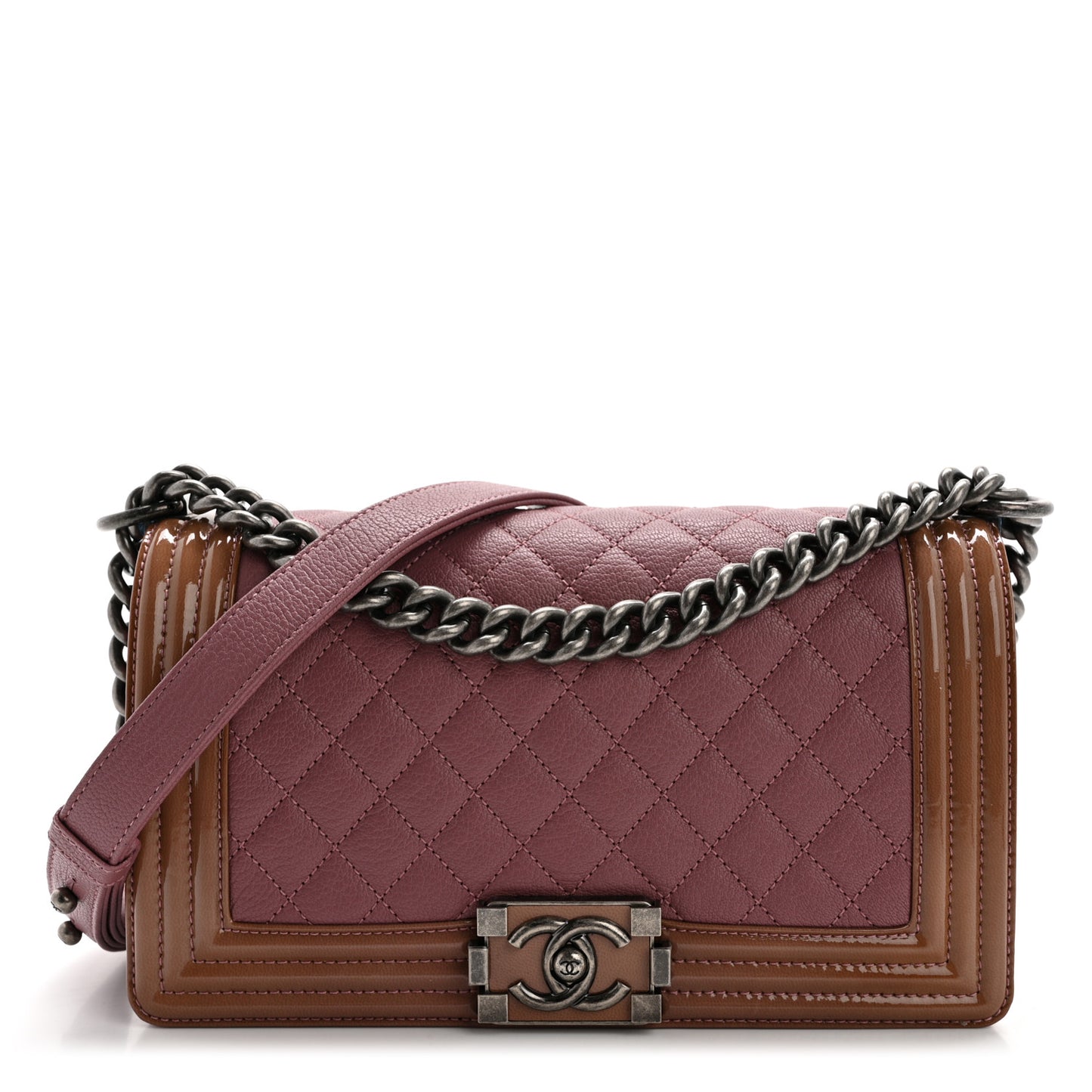 Goatskin Quilted Patent Medium Duo Boy Flap Pink Tan