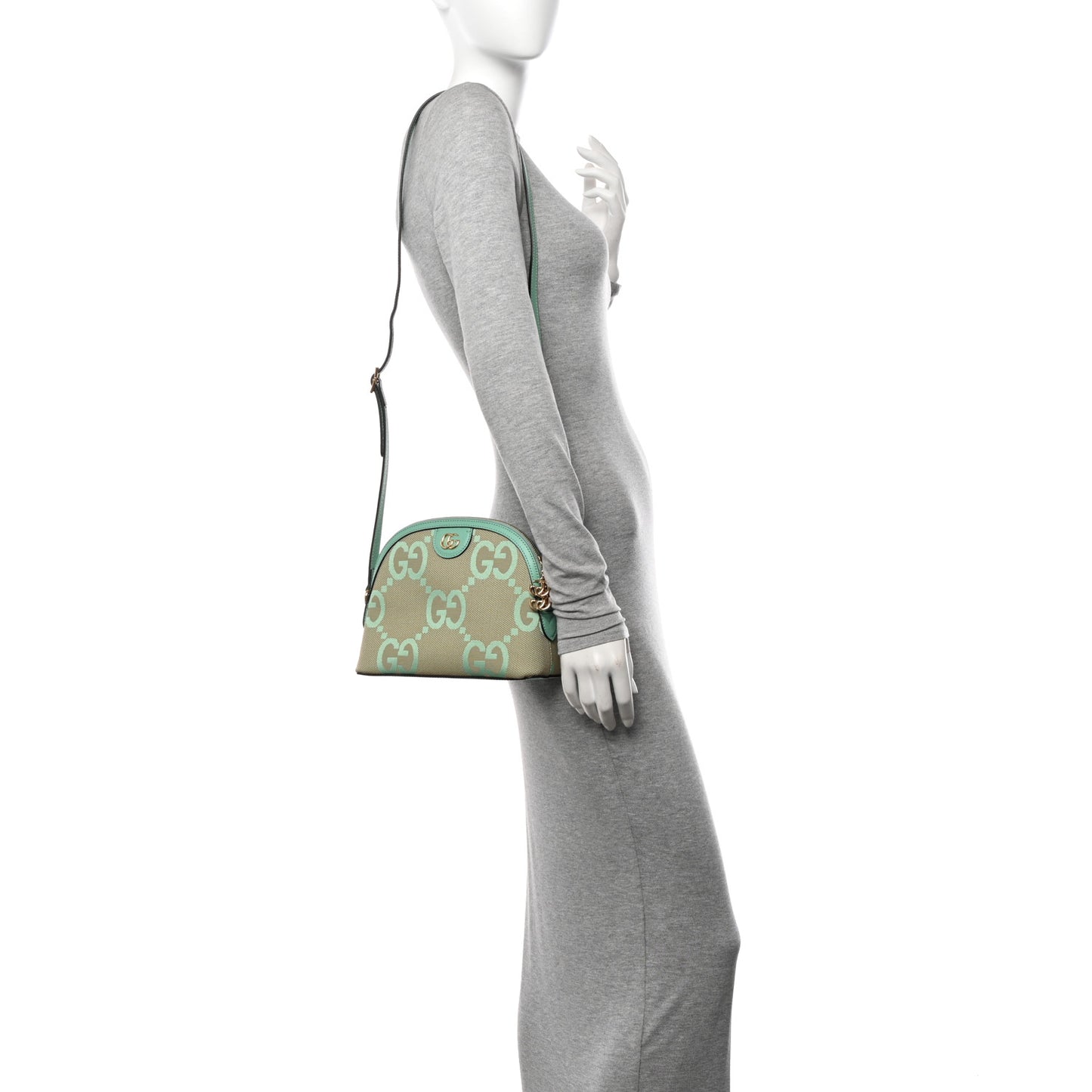 Monogram Jumbo GG Textured Dollar Calfskin Small Ophidia Dome Shoulder Bag Beige Pepperlight Mint