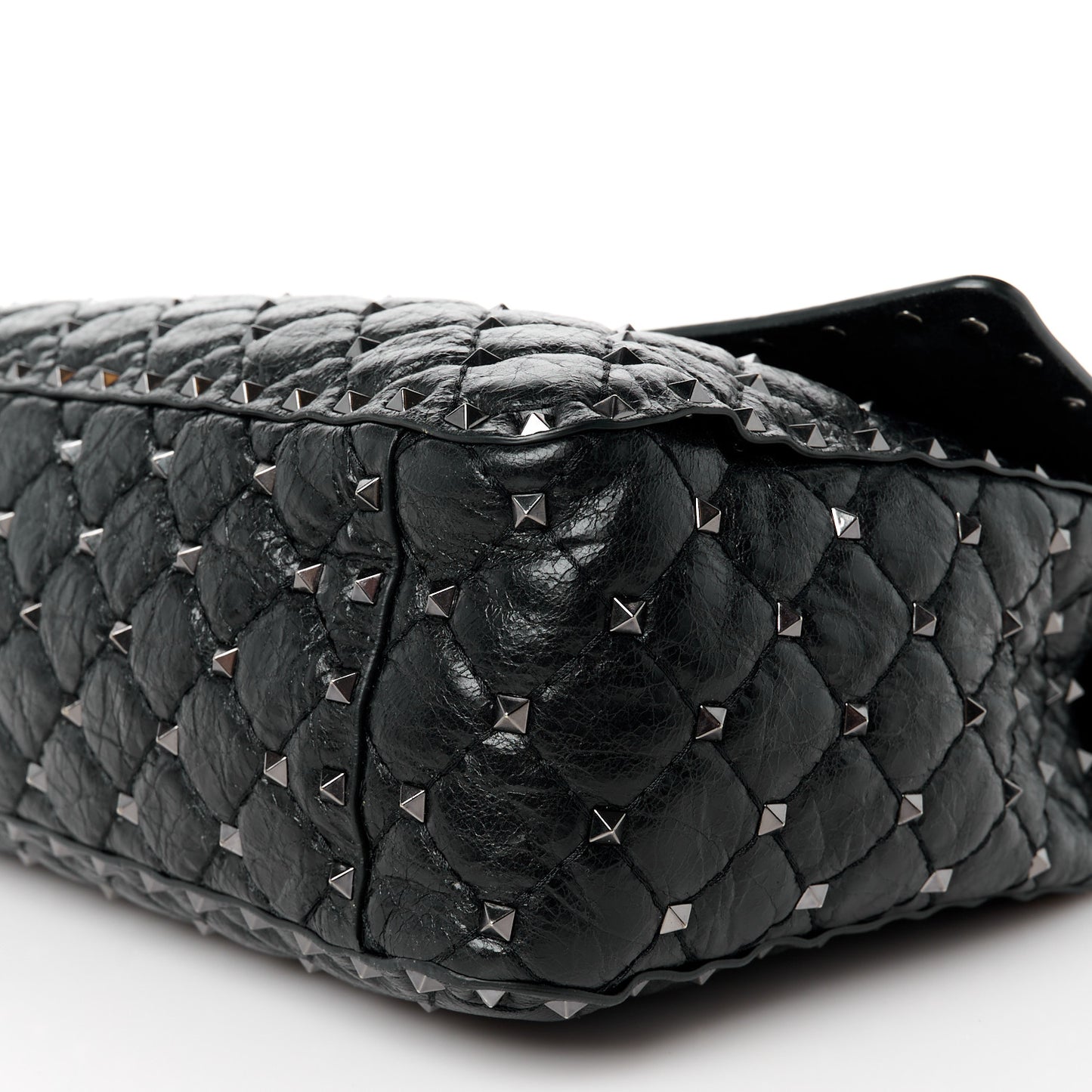 Craquele Nappa Large Rockstud Spike Shoulder Bag Black