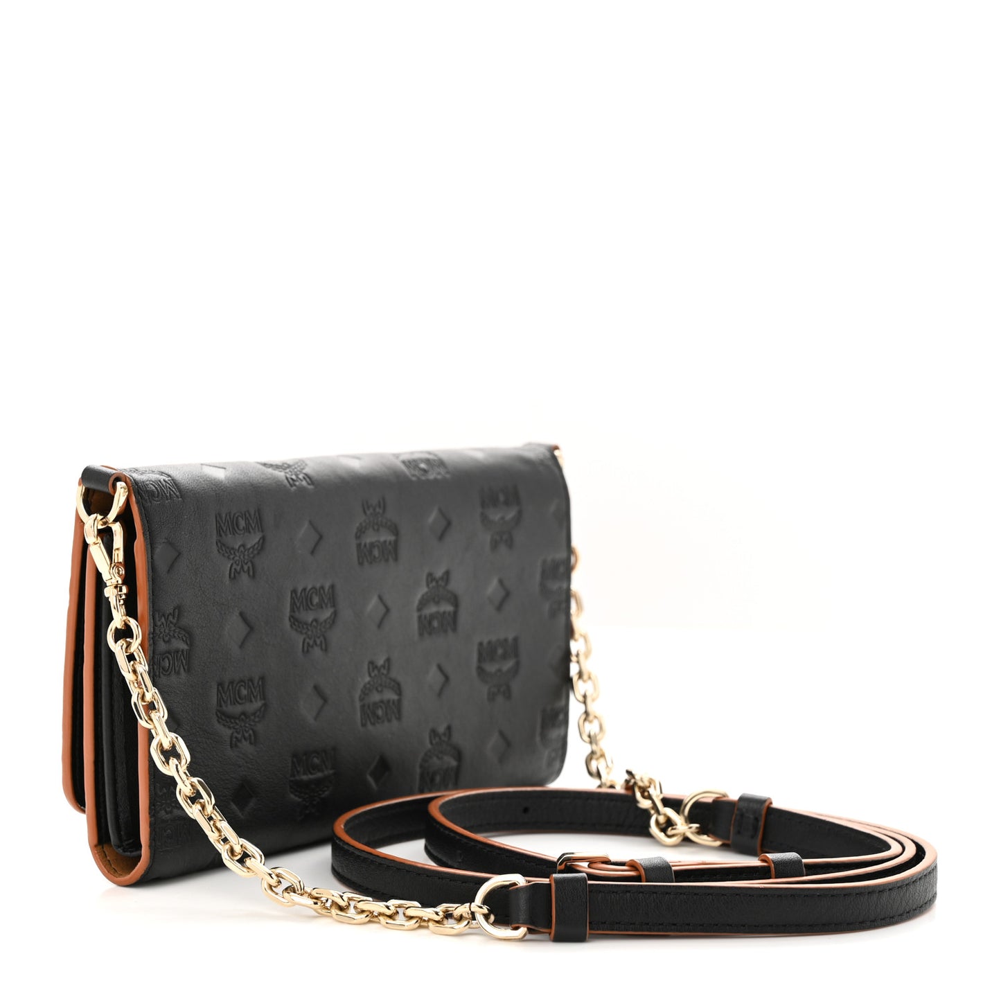 Calfskin Ottomar Klara Tri Fold Phone Wallet On Strap Black