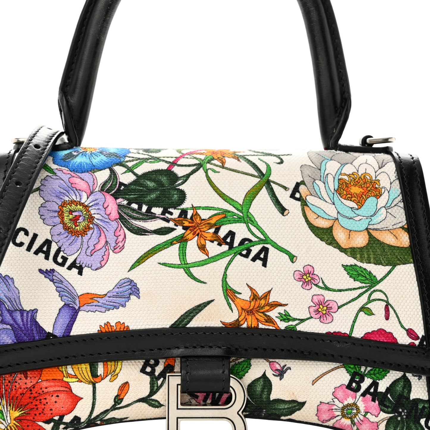X GUCCI Canvas Boarded Plutone Calfskin Flora Logo Print Small Hourglass Top Handle Bag White Multicolor Black