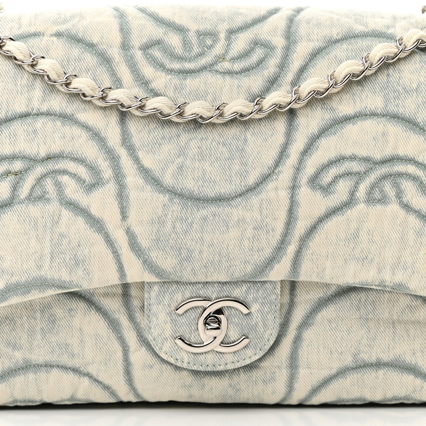 Denim Embossed CC Logo Print Jumbo Single Flap Blue