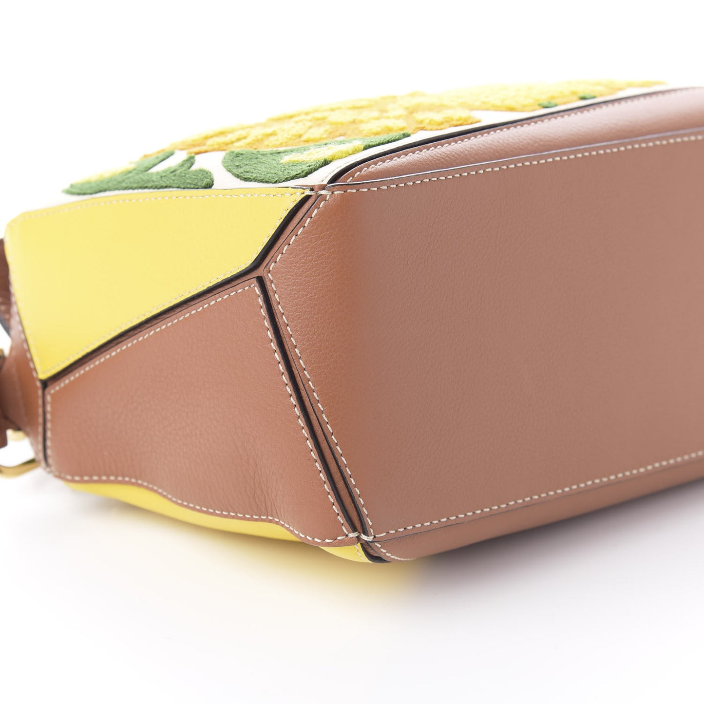 Calfskin Embroidered Floral Small Puzzle Bag Tan Yellow