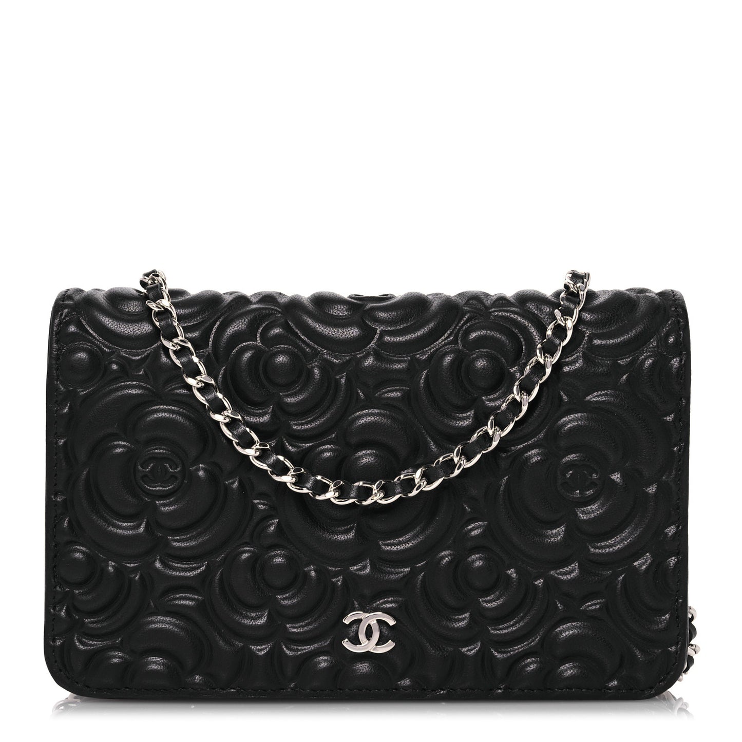 Lambskin Camellia Embossed Wallet On Chain WOC Black