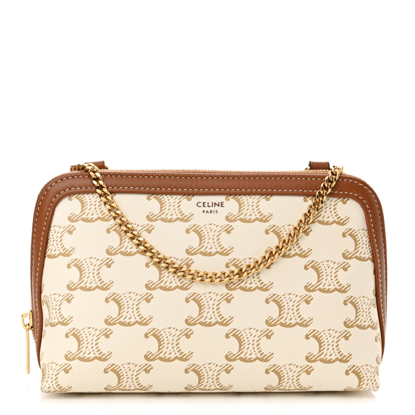 Lambskin Triomphe Canvas Clutch With Chain White Tan