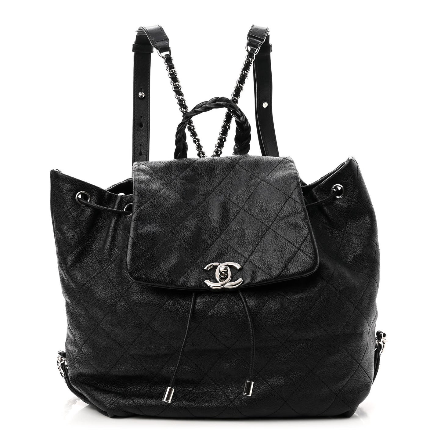 Grained Calfskin Stitched Braided With Style Backpack Black