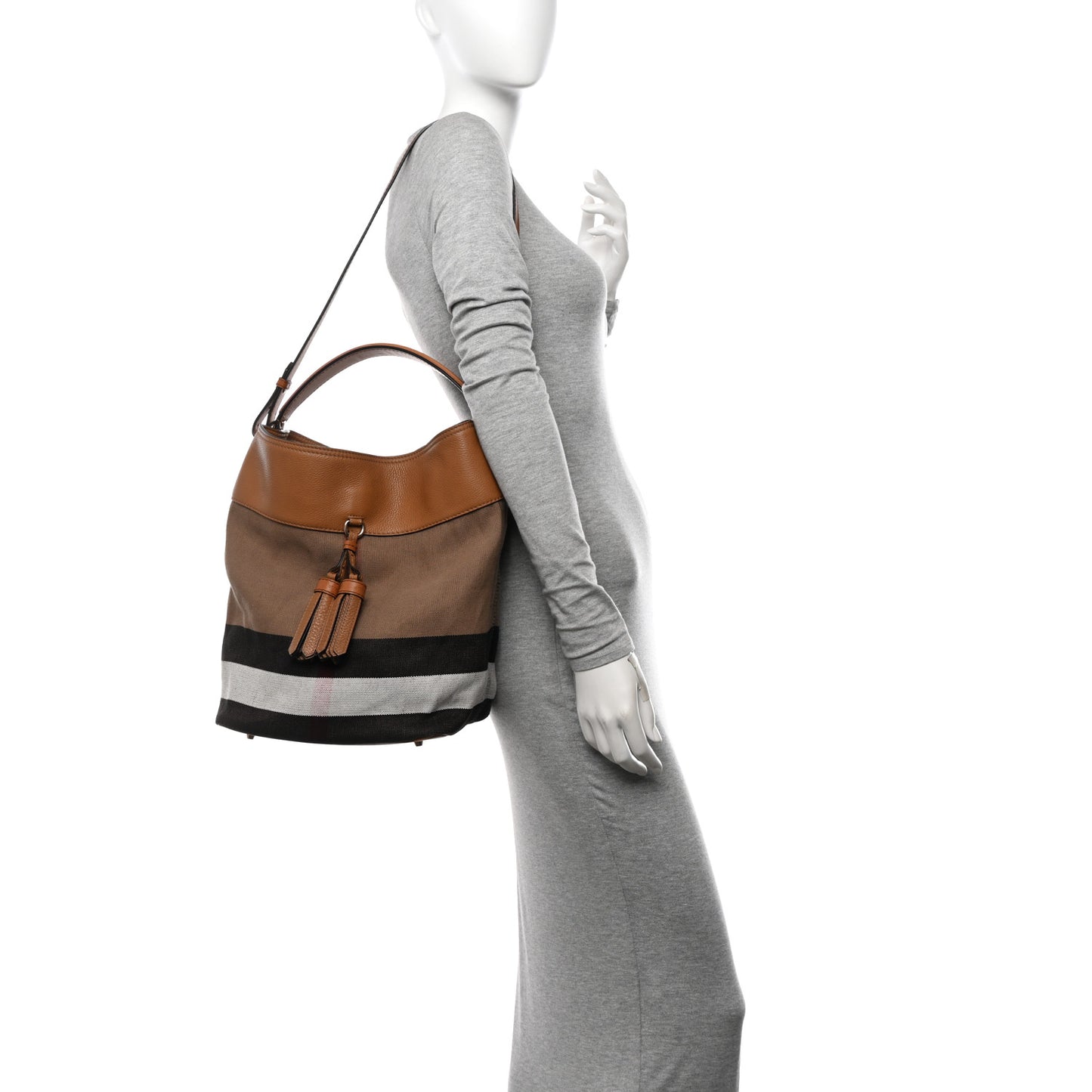 Grainy Calfskin Canvas Mega Check Medium Ashby Tassel Hobo Saddle Brown