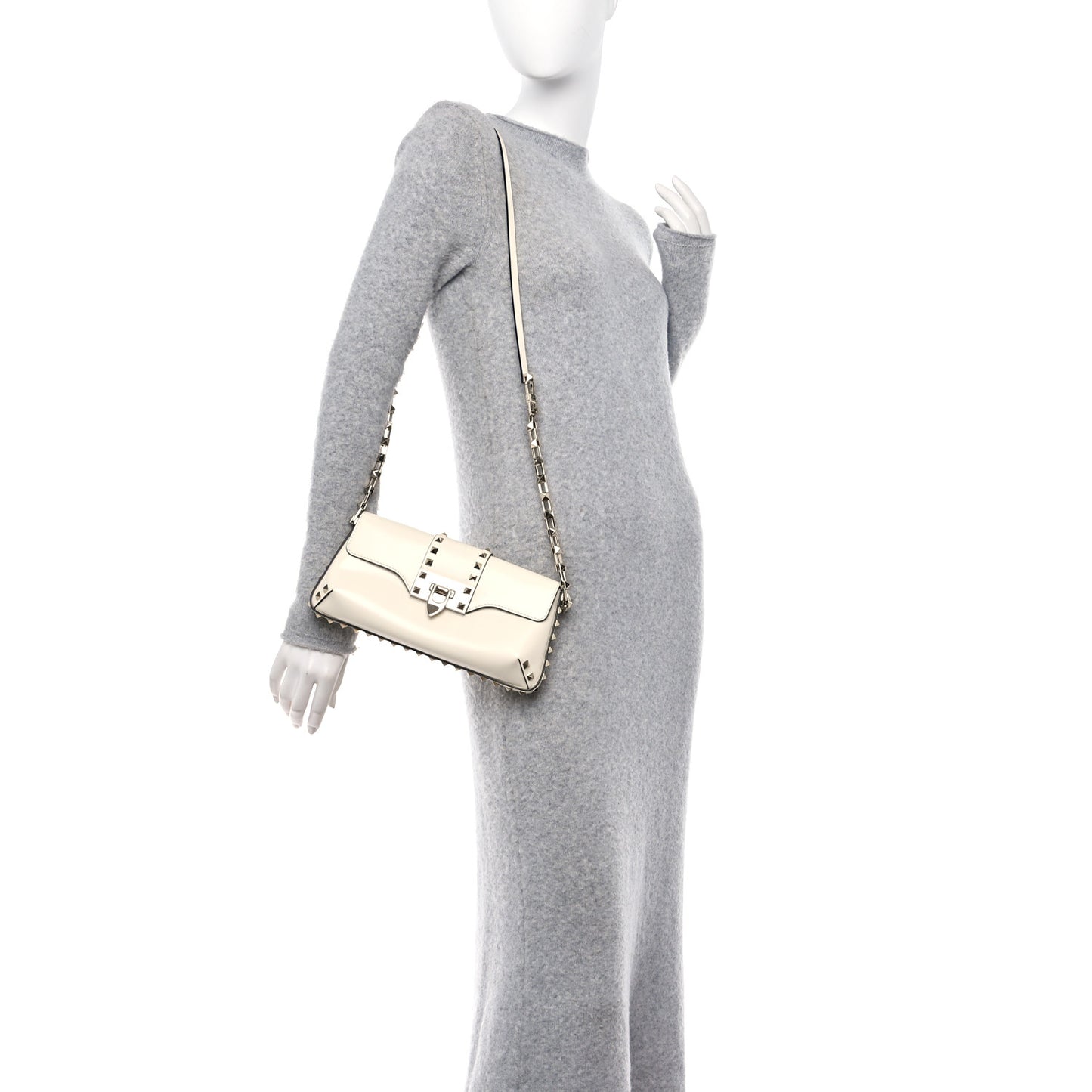 Brushed Calfskin Rockstud Flip Lock Chain Shoulder Bag White