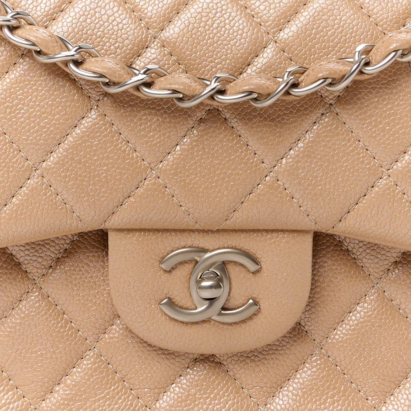 Pearly Caviar Quilted Jumbo Double Flap Beige