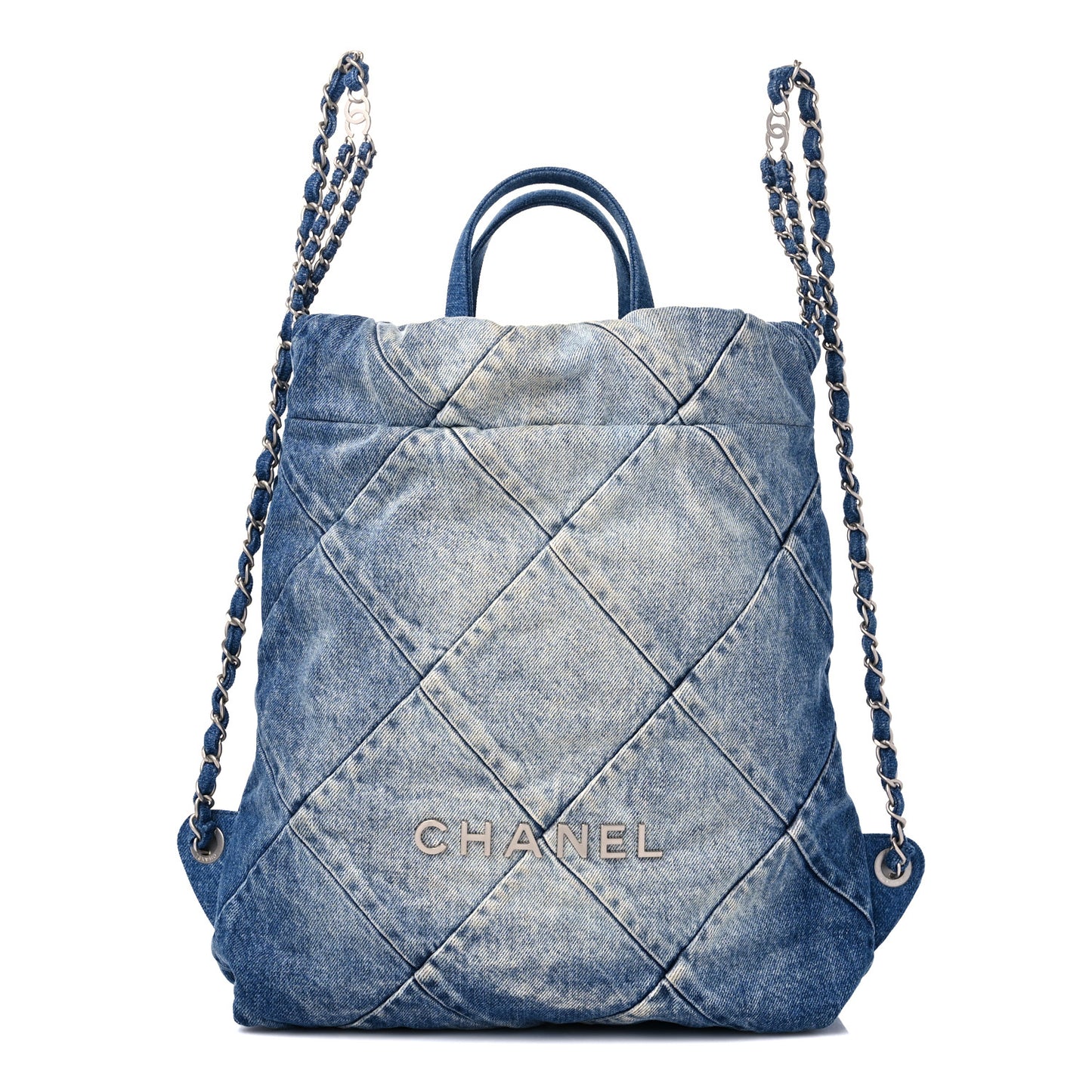 Denim Quilted Chanel 22 Backpack Blue