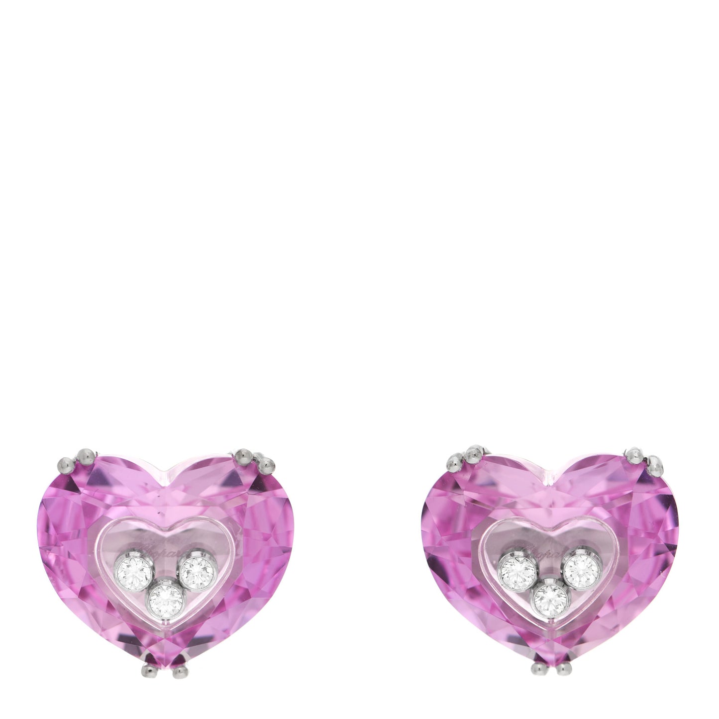 18K White Gold Pink Sapphire 3 Diamonds So Happy Heart Earrings
