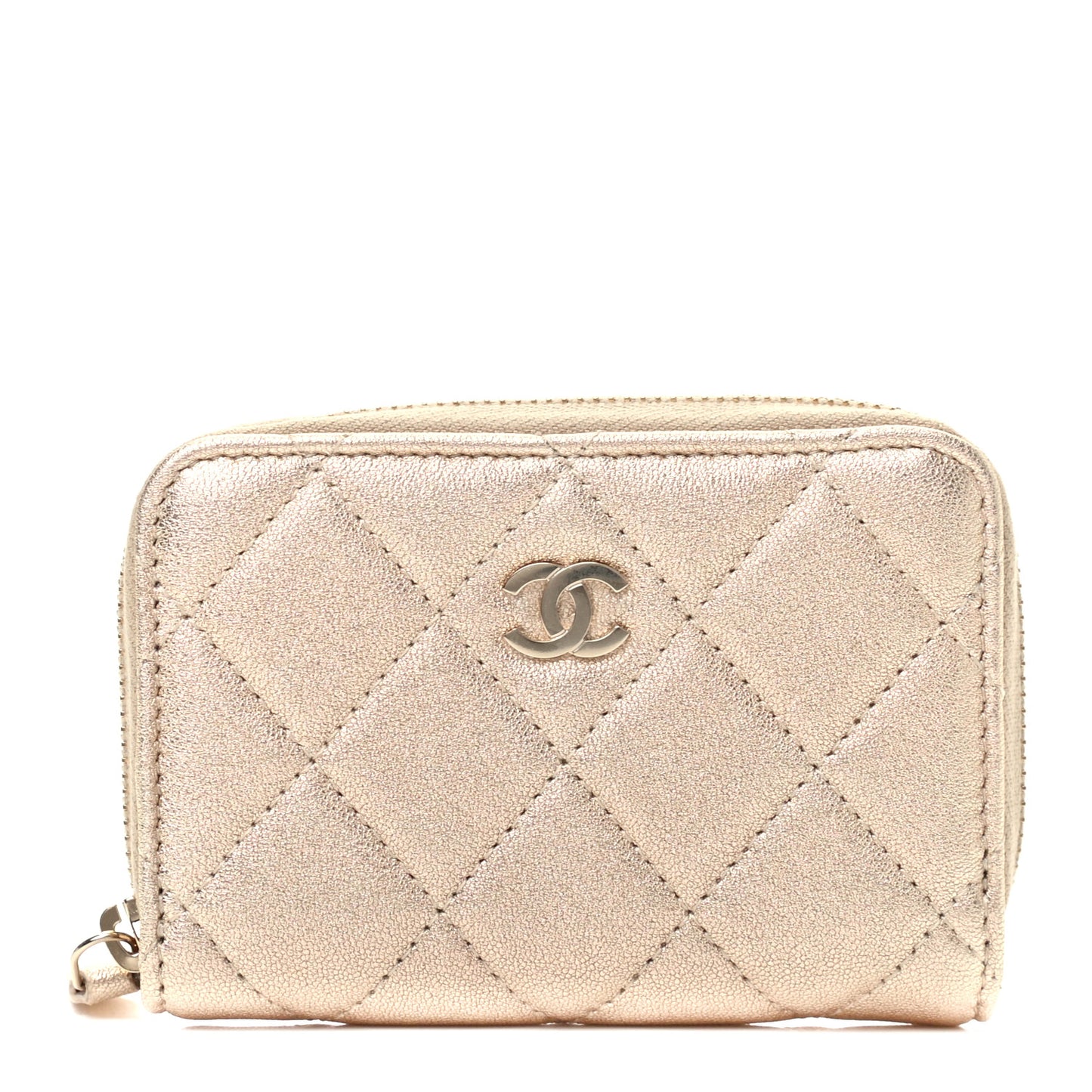 Metallic Lambskin Quilted Zip Coin Purse Wallet Gold