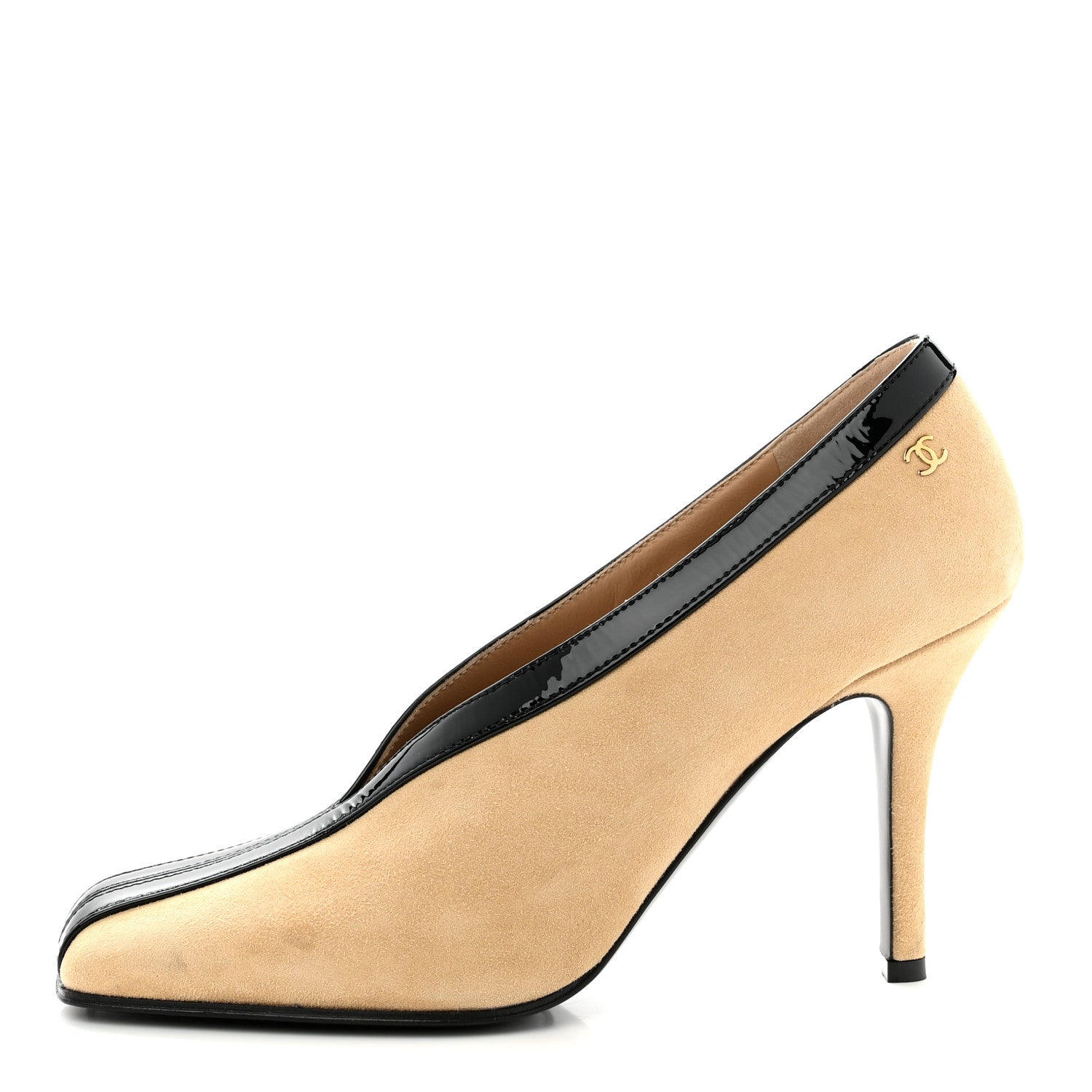 Chanel Suede Patent Calfskin Pumps 38 Beige Black 1927592