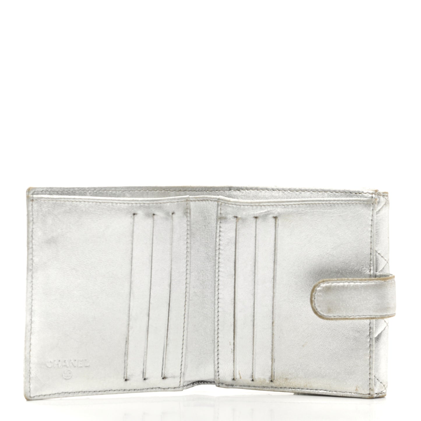Metallic Lambskin Quilted Compact French Flap Wallet Silver