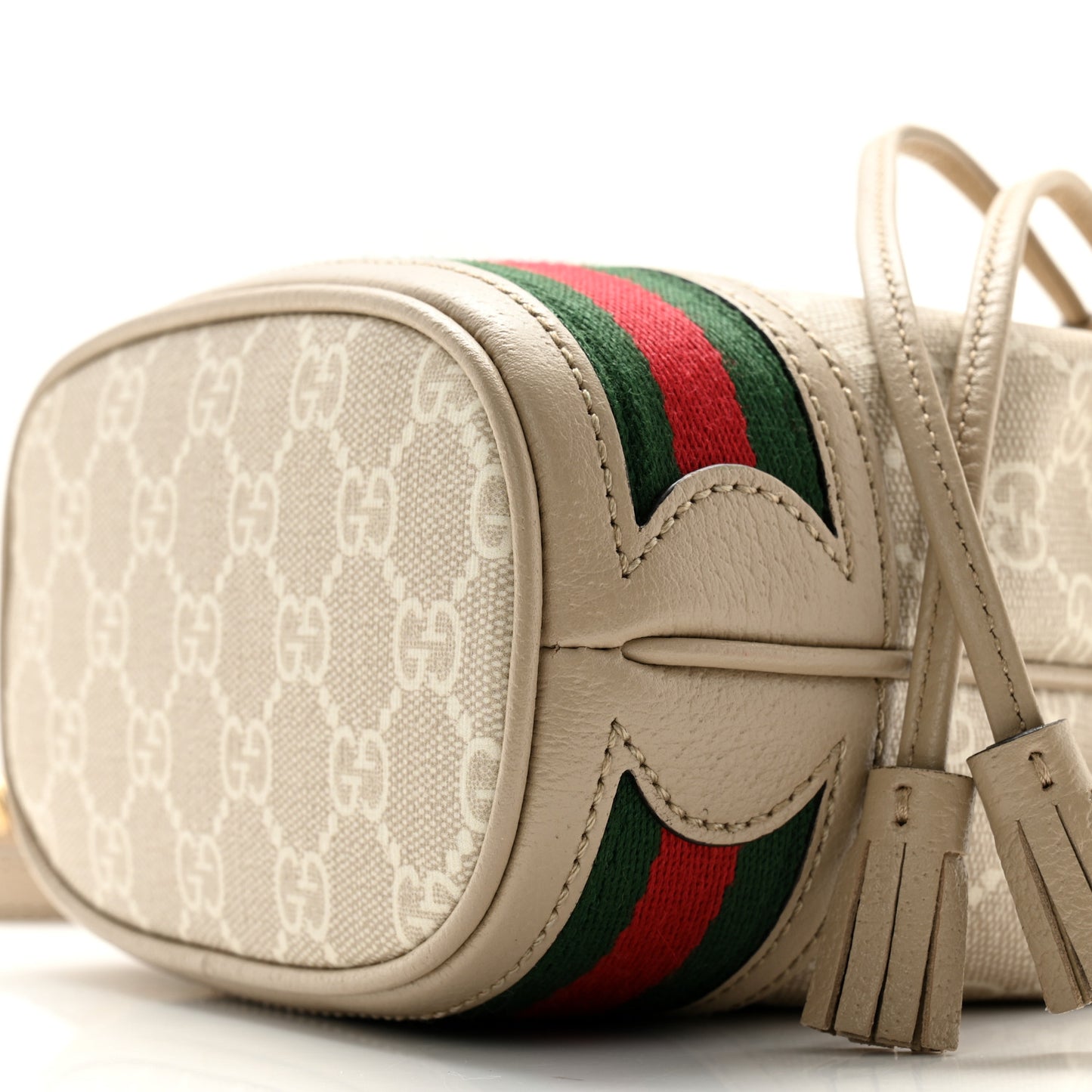 GG Supreme Monogram Textured Calfskin Web Mini Ophidia Bucket Bag Beige Mystic White Oatmeal