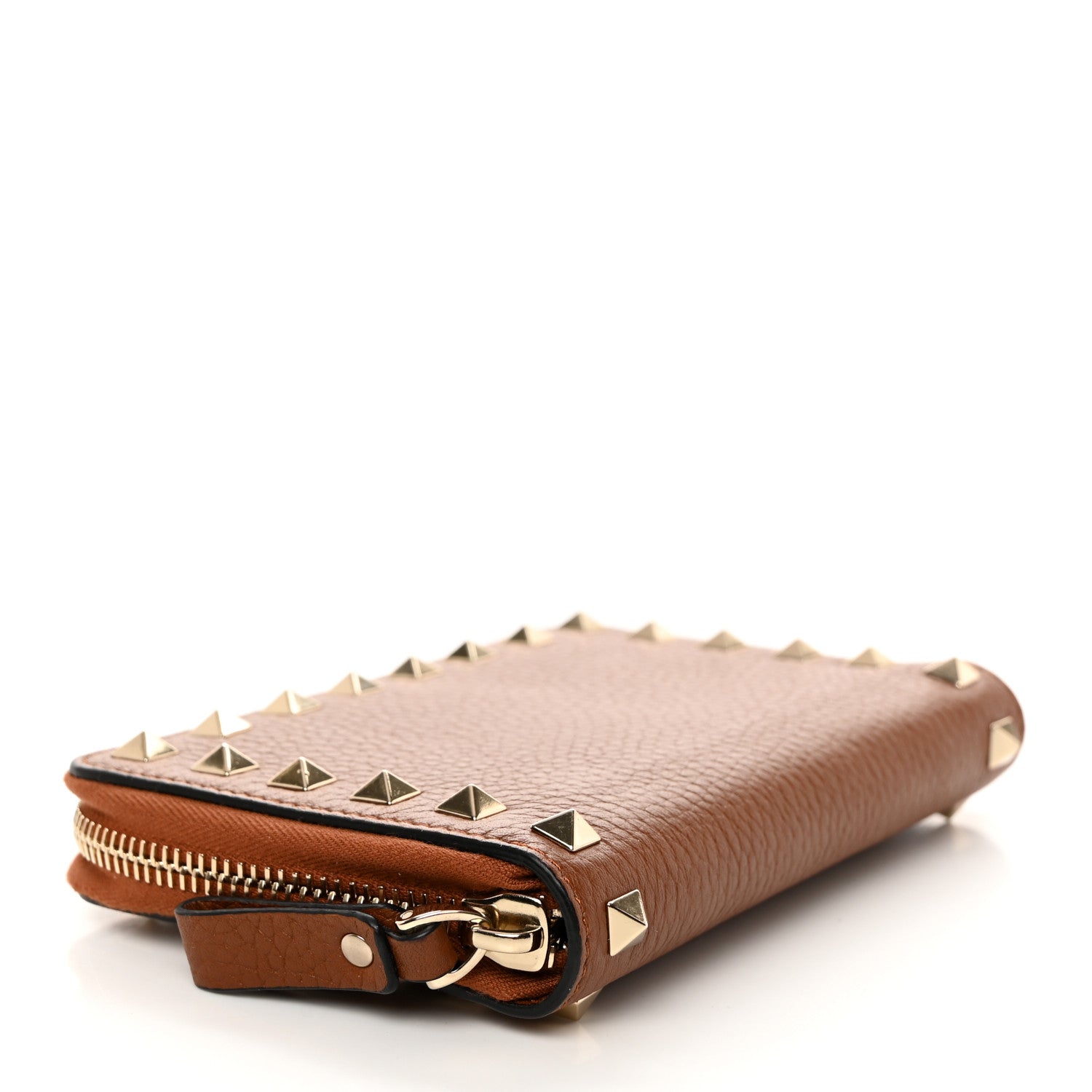 Valentino Garavani Pebbled Calfskin Rockstud Compact Zip Around Wallet Bright Cognac 4 of 8