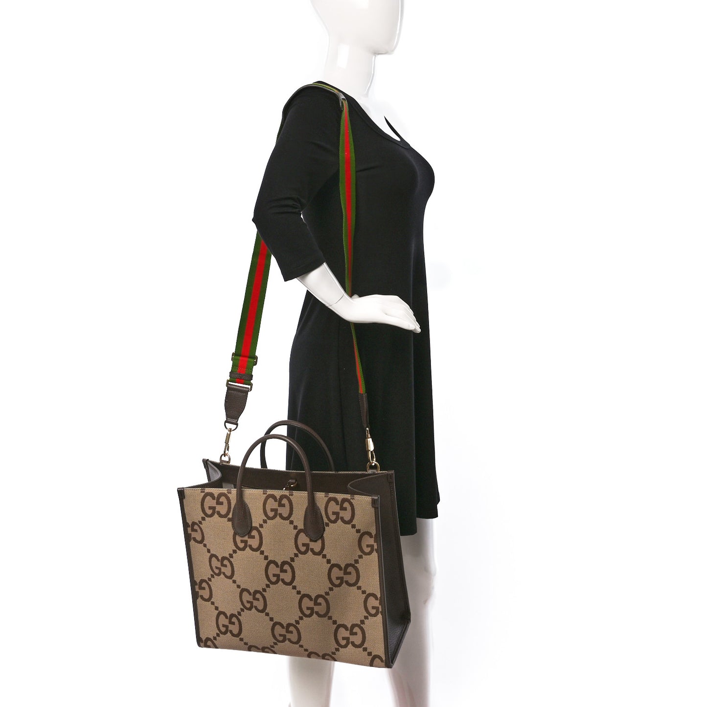 Monogram Jumbo GG Textured Dollar Calfskin Web Tote Bag Camel Ebony New Acero