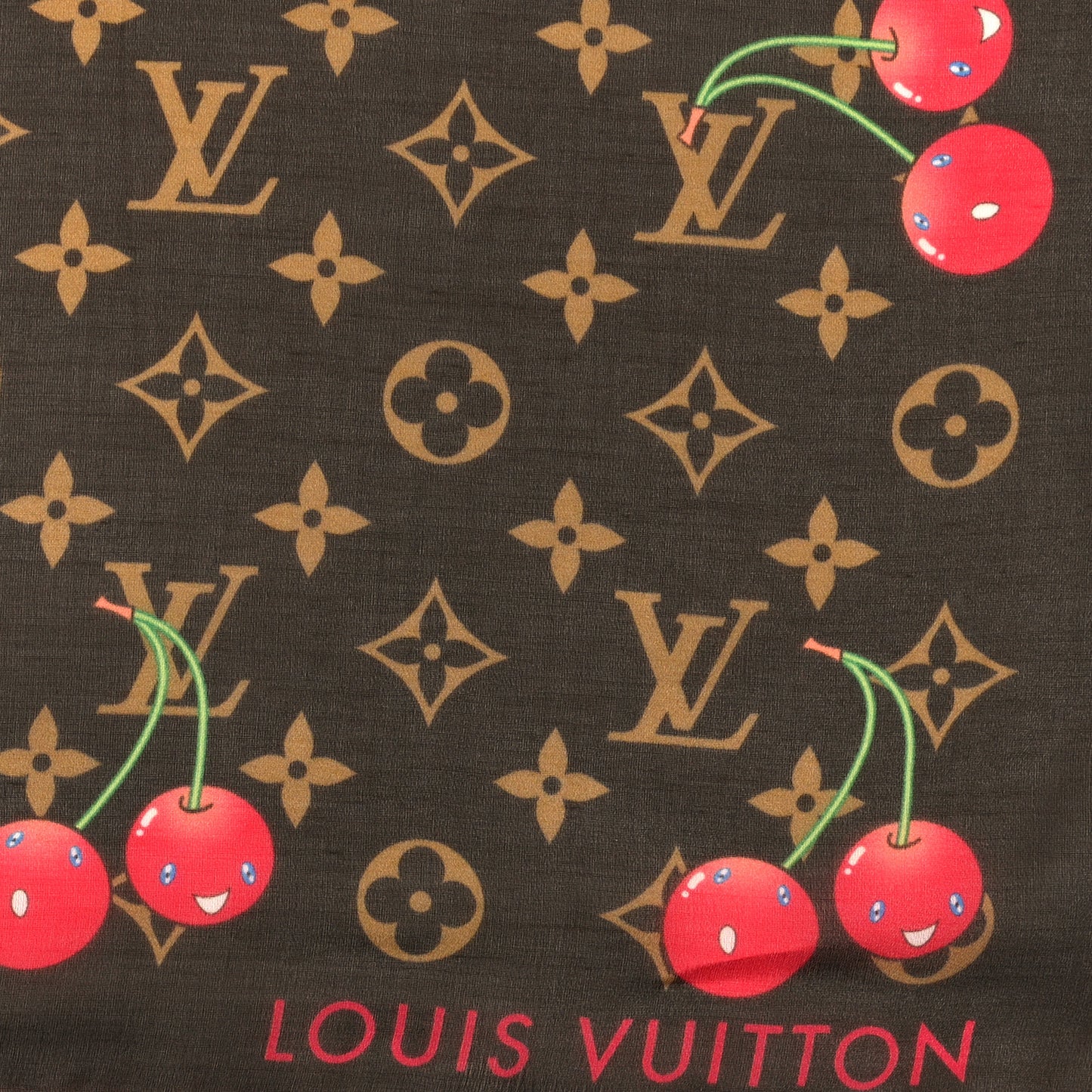 LV X TM Silk Cotton Monogram Cerises Square Scarf 55 Brown