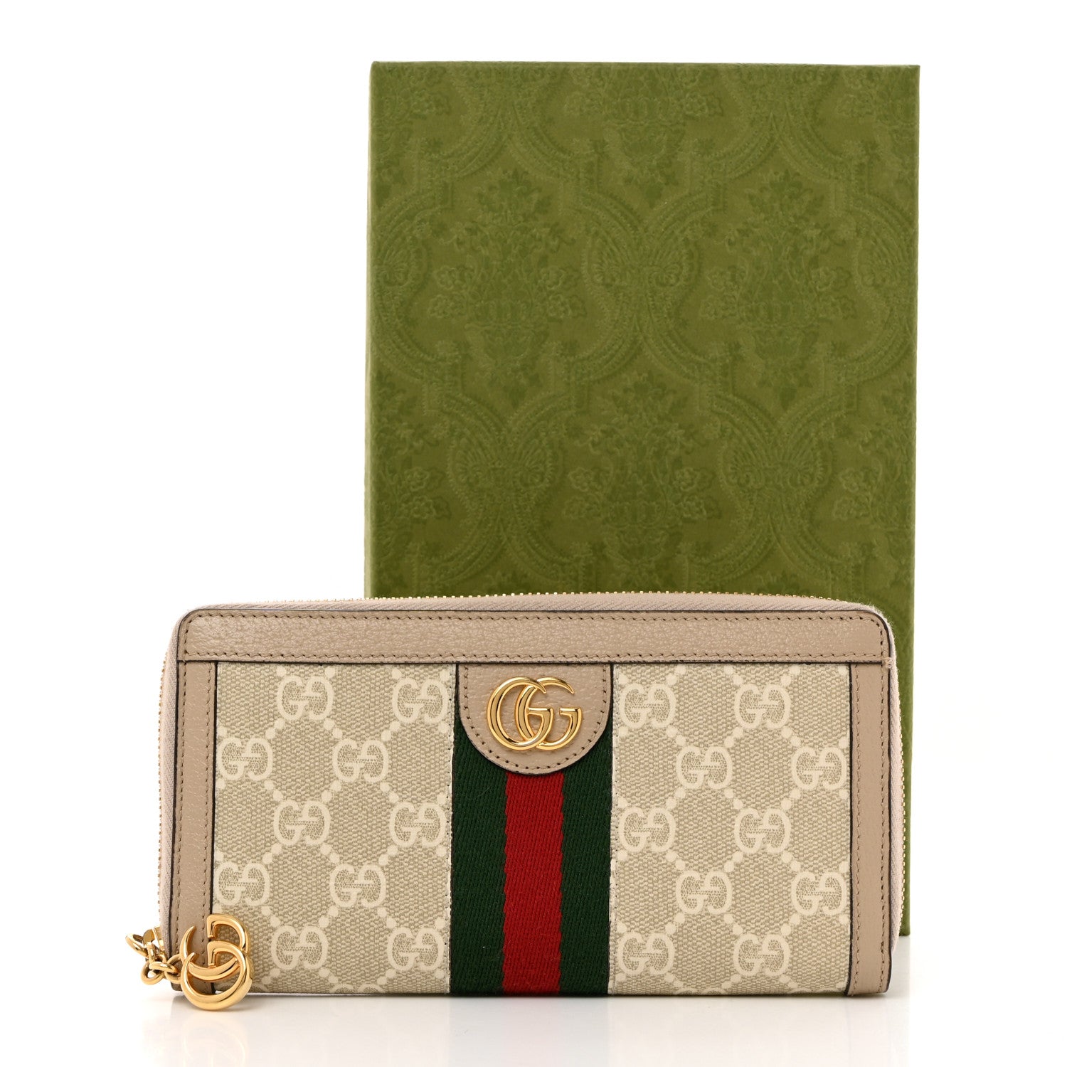 Gucci GG Supreme Monogram Textured Dollar Calfskin Web Ophidia Zip Around Wallet Beige Mystic White Oatmeal 8 of 8