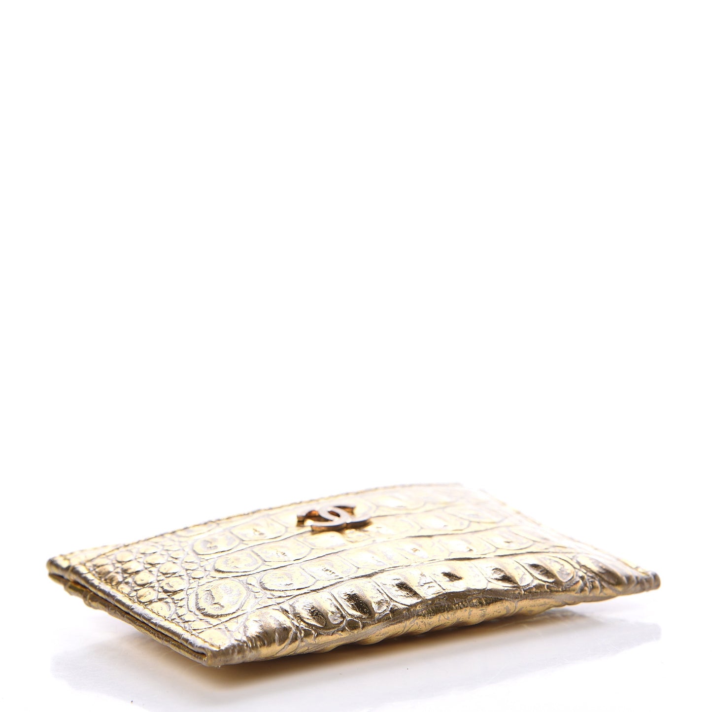 Metallic Calfskin Crocodile Embossed Cocodile Card Holder Gold