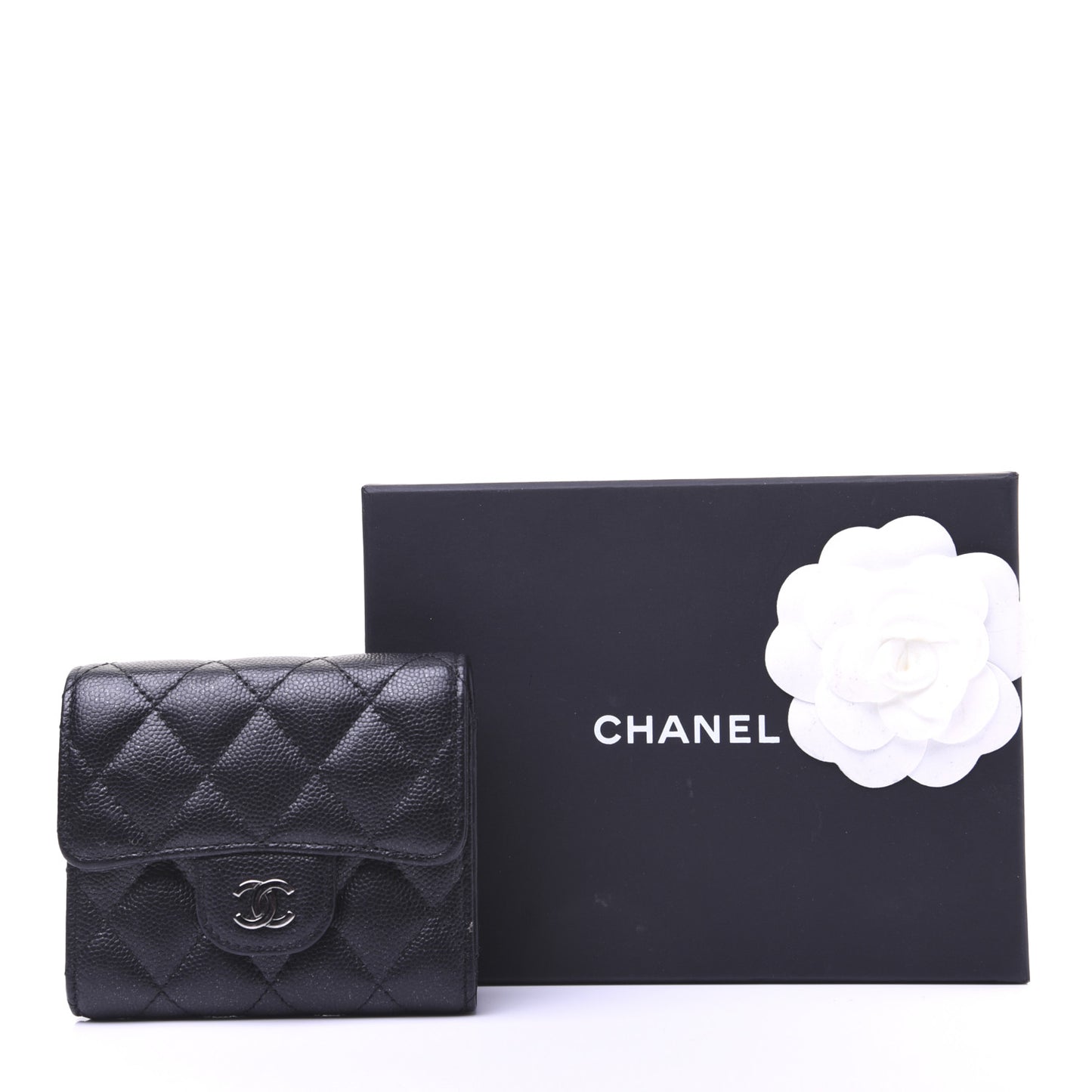Iridescent Caviar Quilted Compact Flap Wallet Black