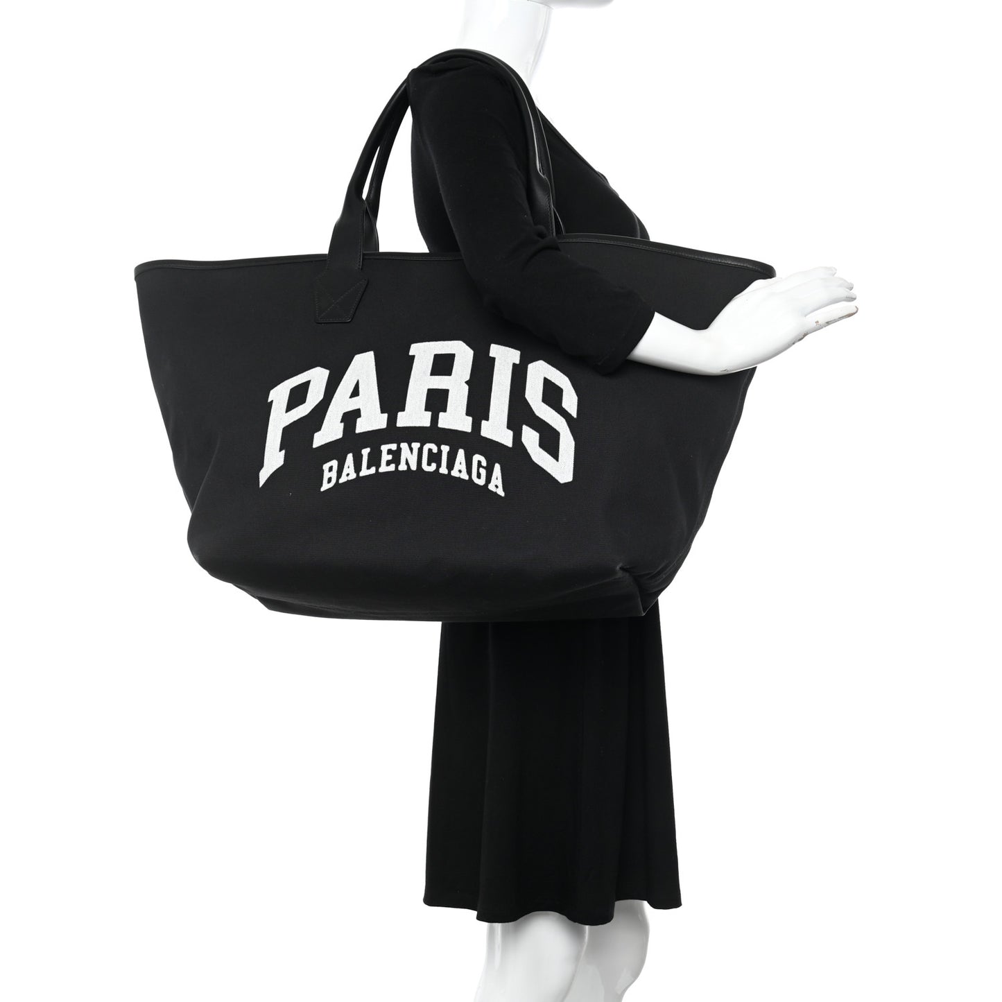 Cotton Canvas Calfskin Cities Paris Jumbo Large Tote Bag Black White