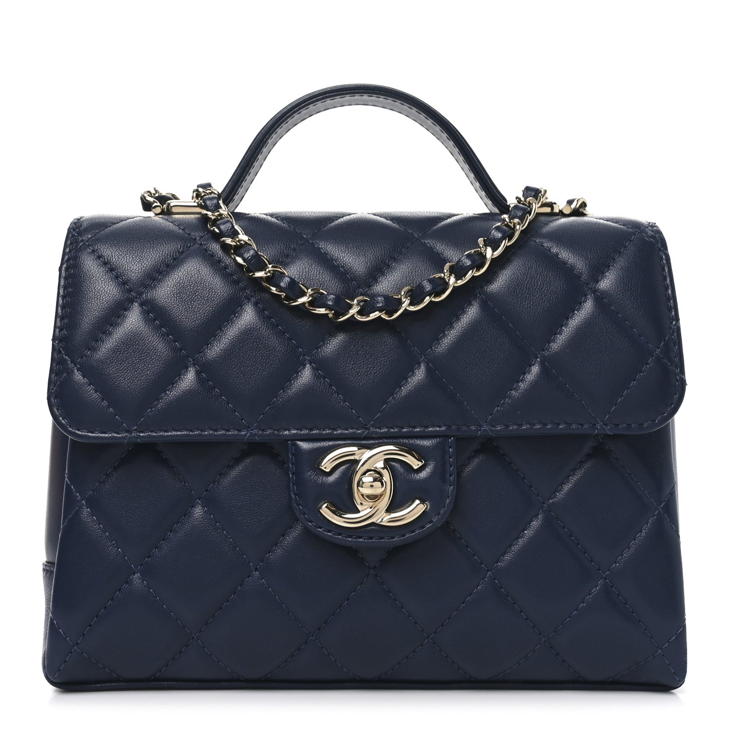 Chanel Lambskin Quilted Small Top Handle Square Flap Navy Blue