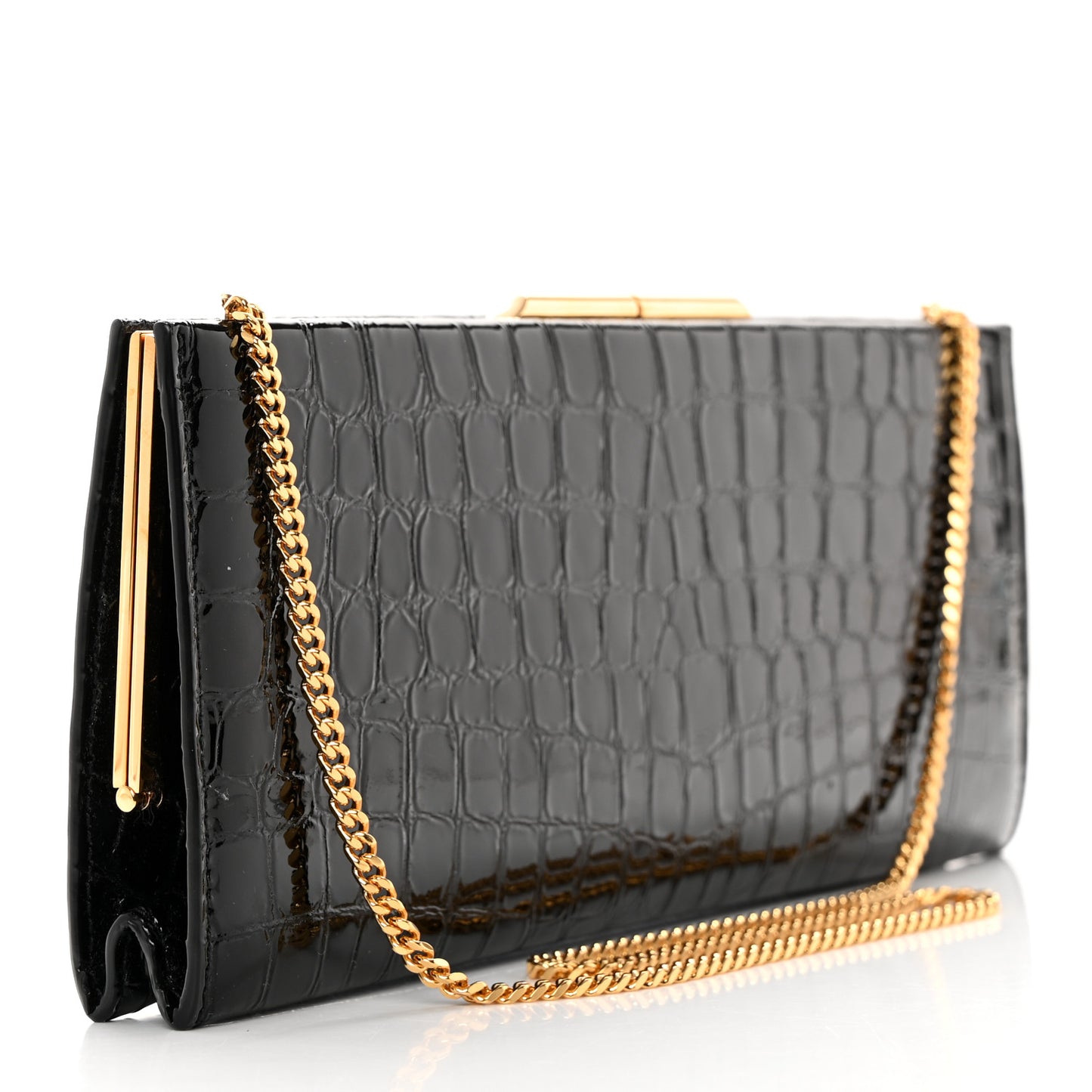 Lacquered Calfskin Crocodile Embossed Small Midnight Clutch Black