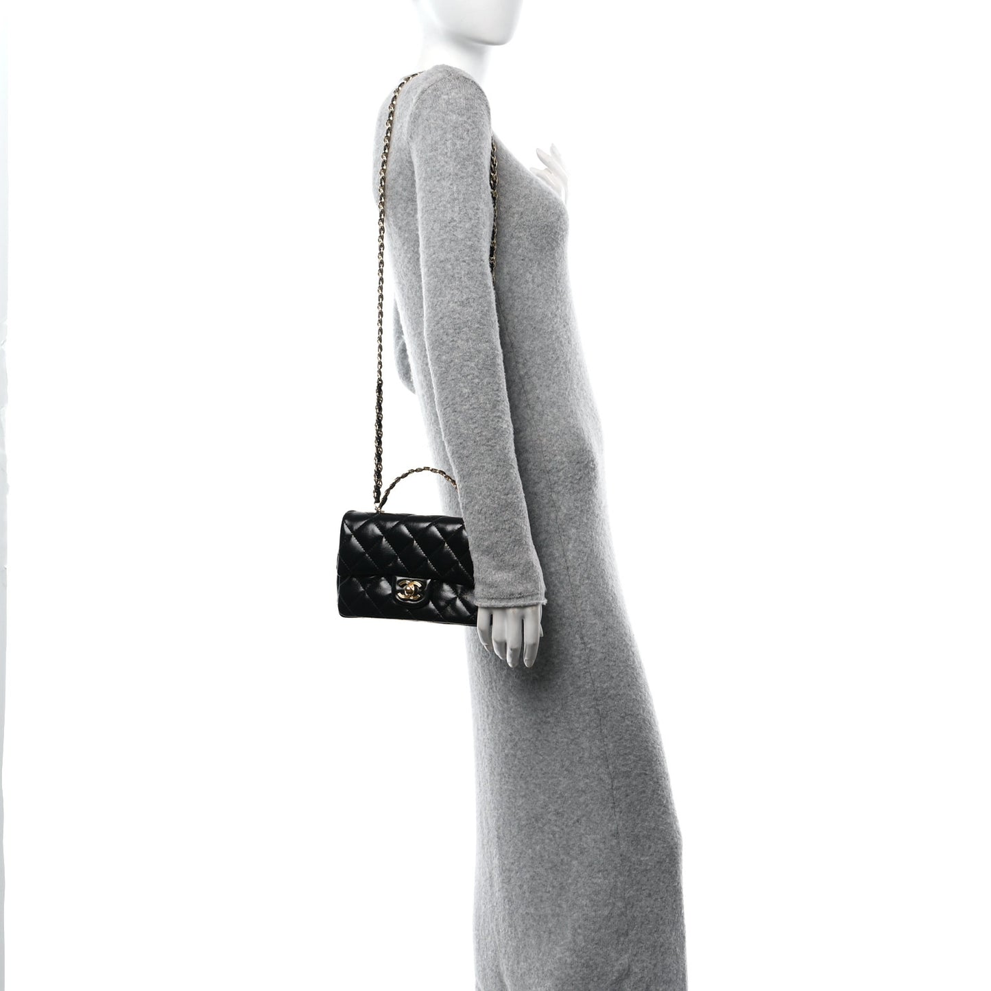 Shiny Lambskin Quilted Golden Links Top Handle Flap Black