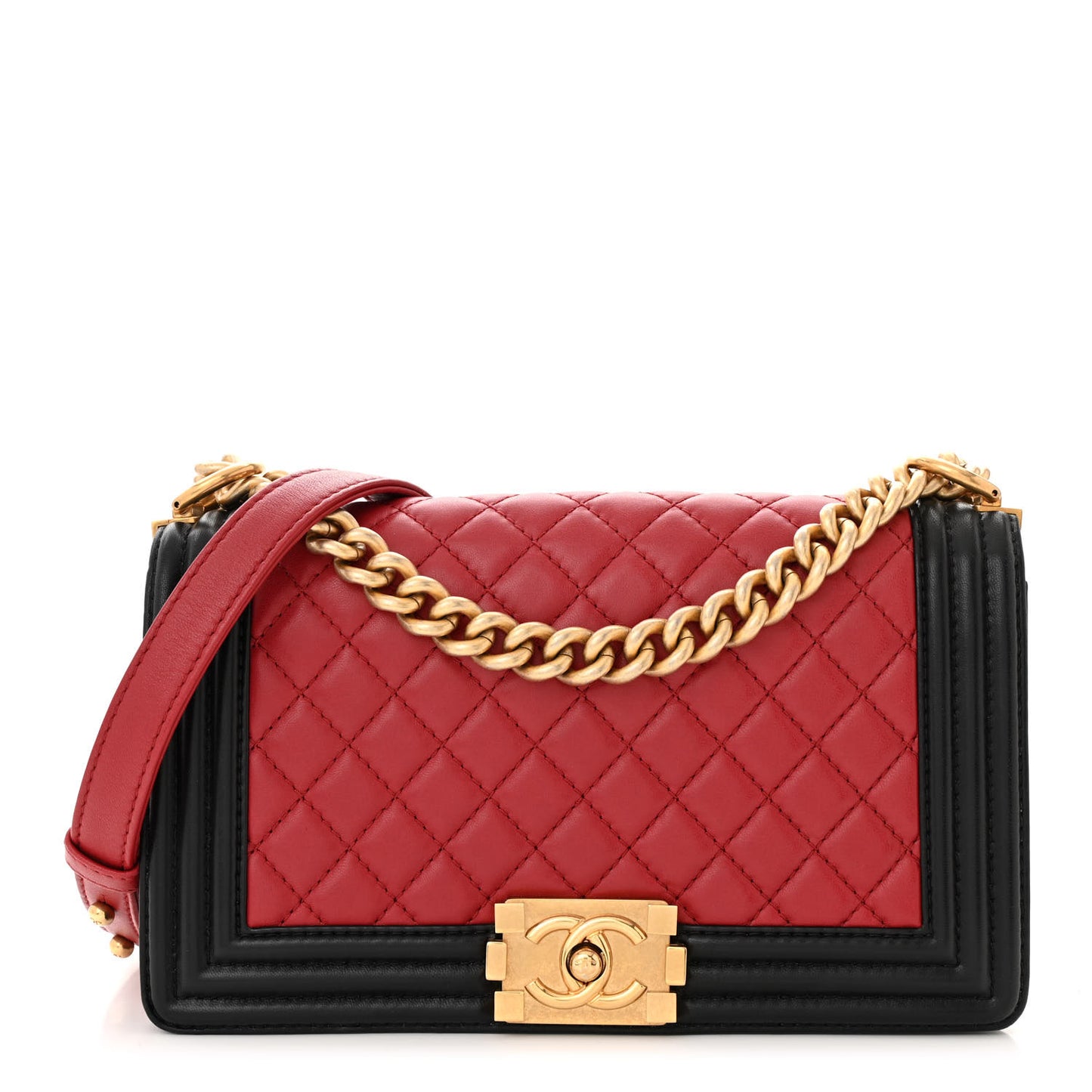 Lambskin Quilted Medium Boy Flap Dark Red Black