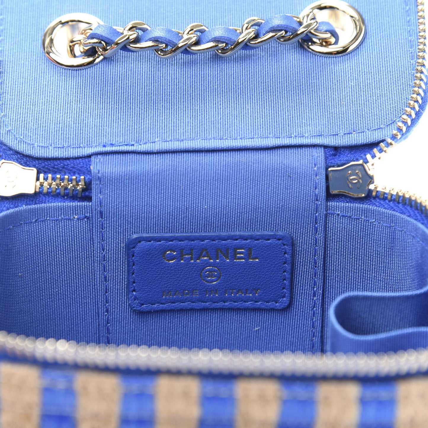 Raffia Jute Striped Mini Vanity Case With Chain Blue Beige