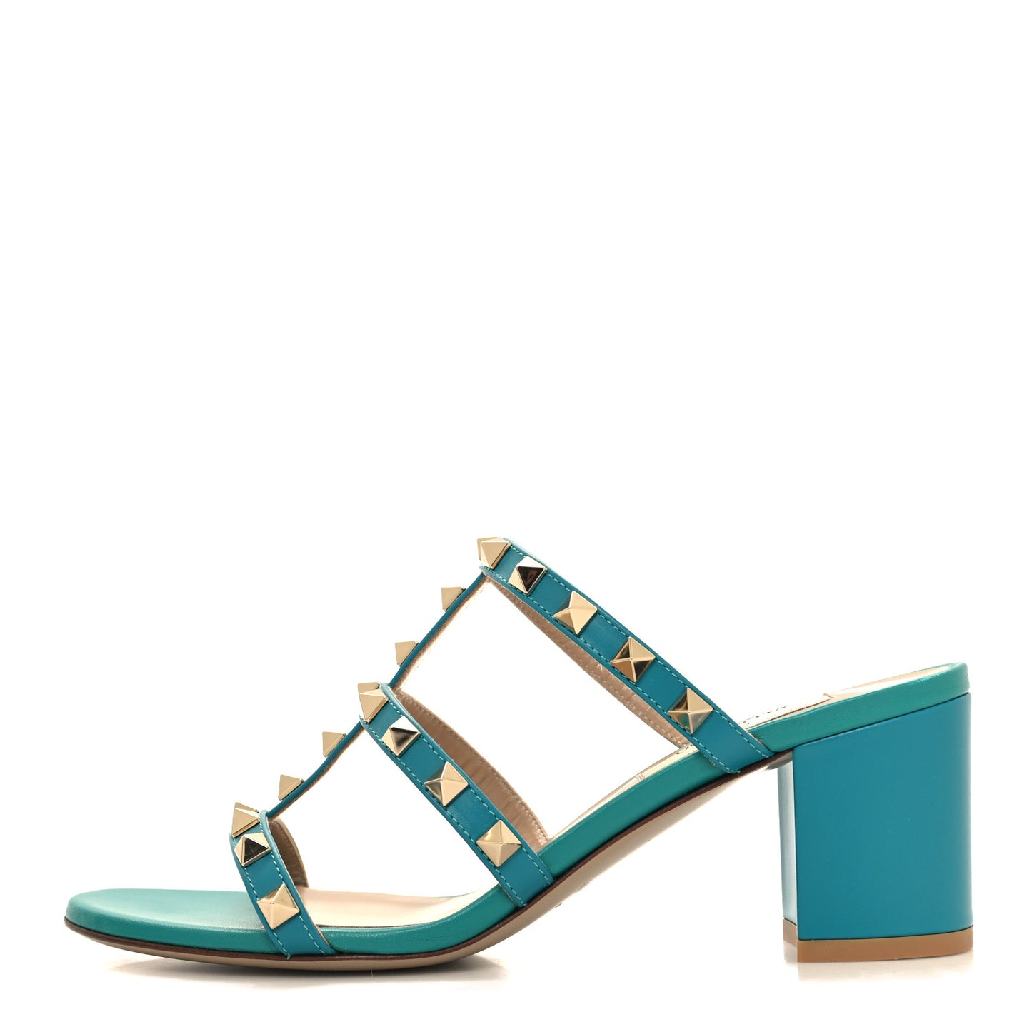 Calfskin Nappa Rockstud 60mm Caged Slide Sandals 36.5 Ultra Marine Green