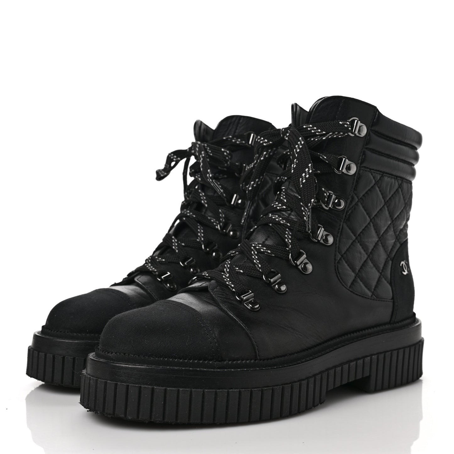 Calfskin Grosgrain Quilted Lace Up Boots 39.5 Black Grey