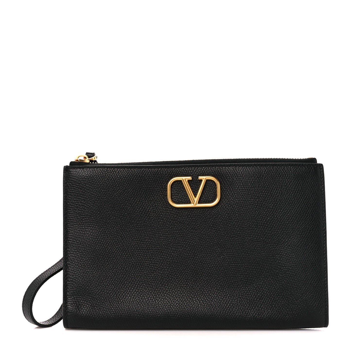 Grained Calfskin Vlogo Zip Wristlet Pouch Black