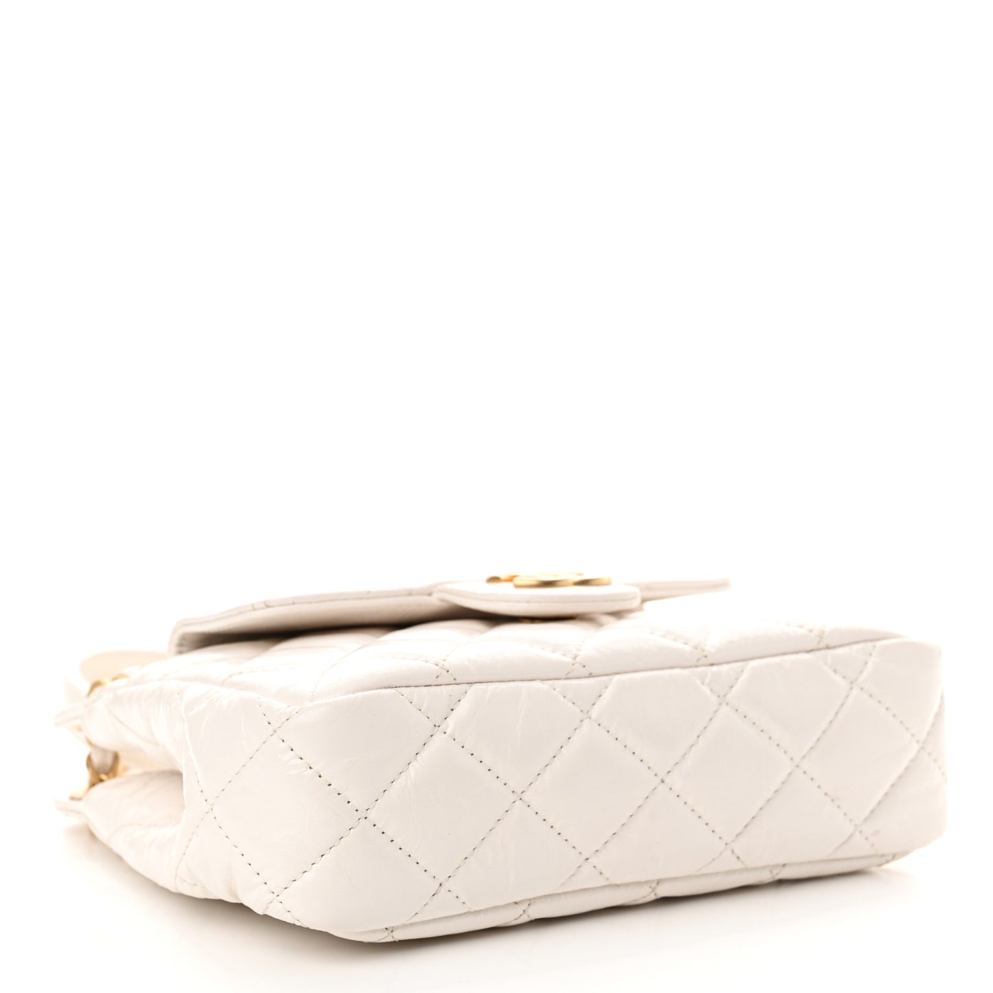Shiny Crumpled Calfskin Quilted Small Wavy CC Hobo White
