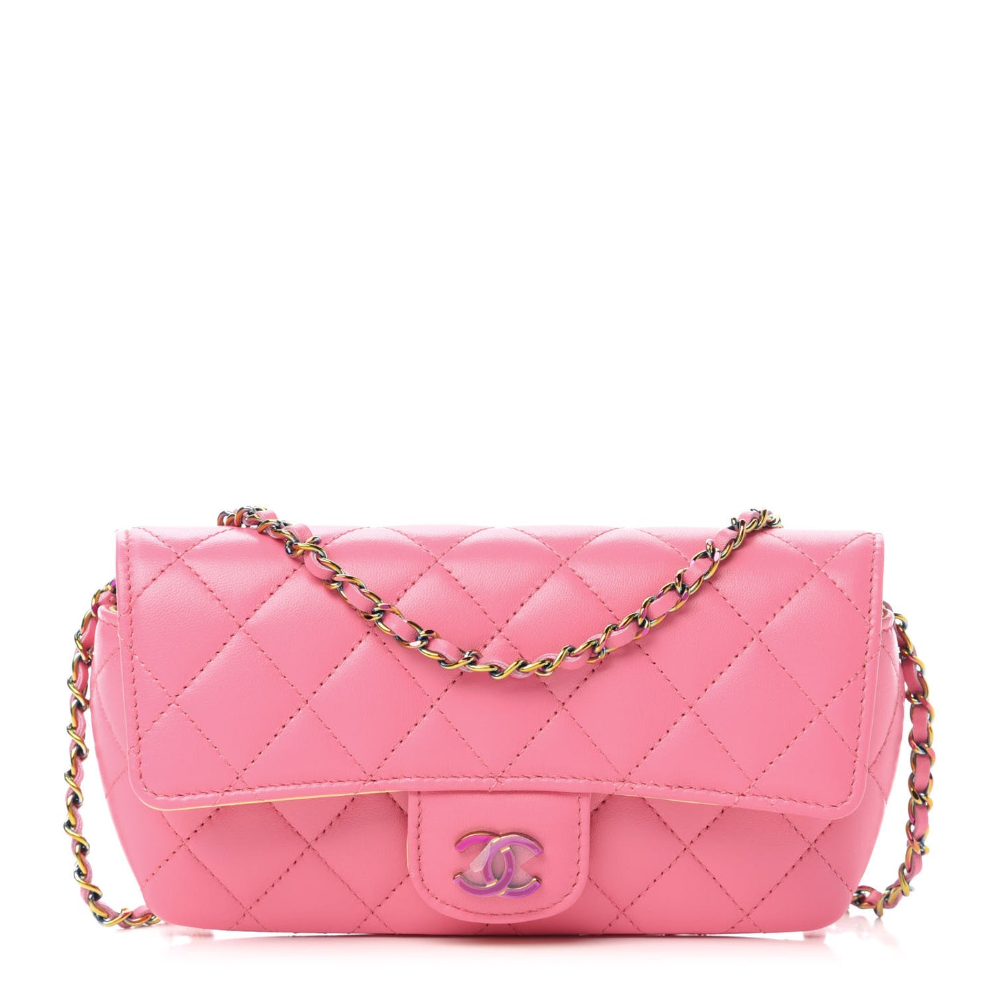 Lambskin Quilted Glasses Case With Chain Pink Yellow