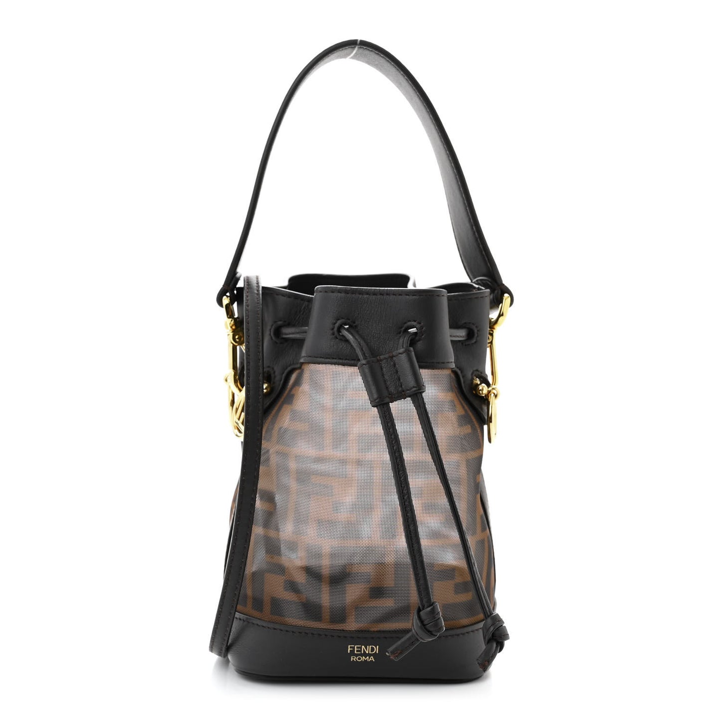 Mesh Vitello Grace F is Fendi FF 1974 Mini Mon Tresor Bucket Bag Marrone Black Ebano