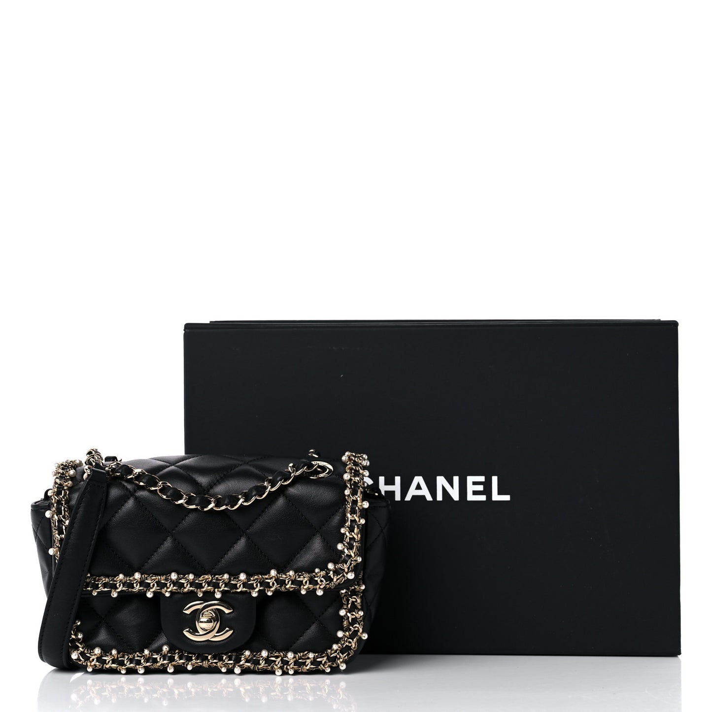 Lambskin Quilted Pearl Edge Mini Rectangular Flap Bag Black