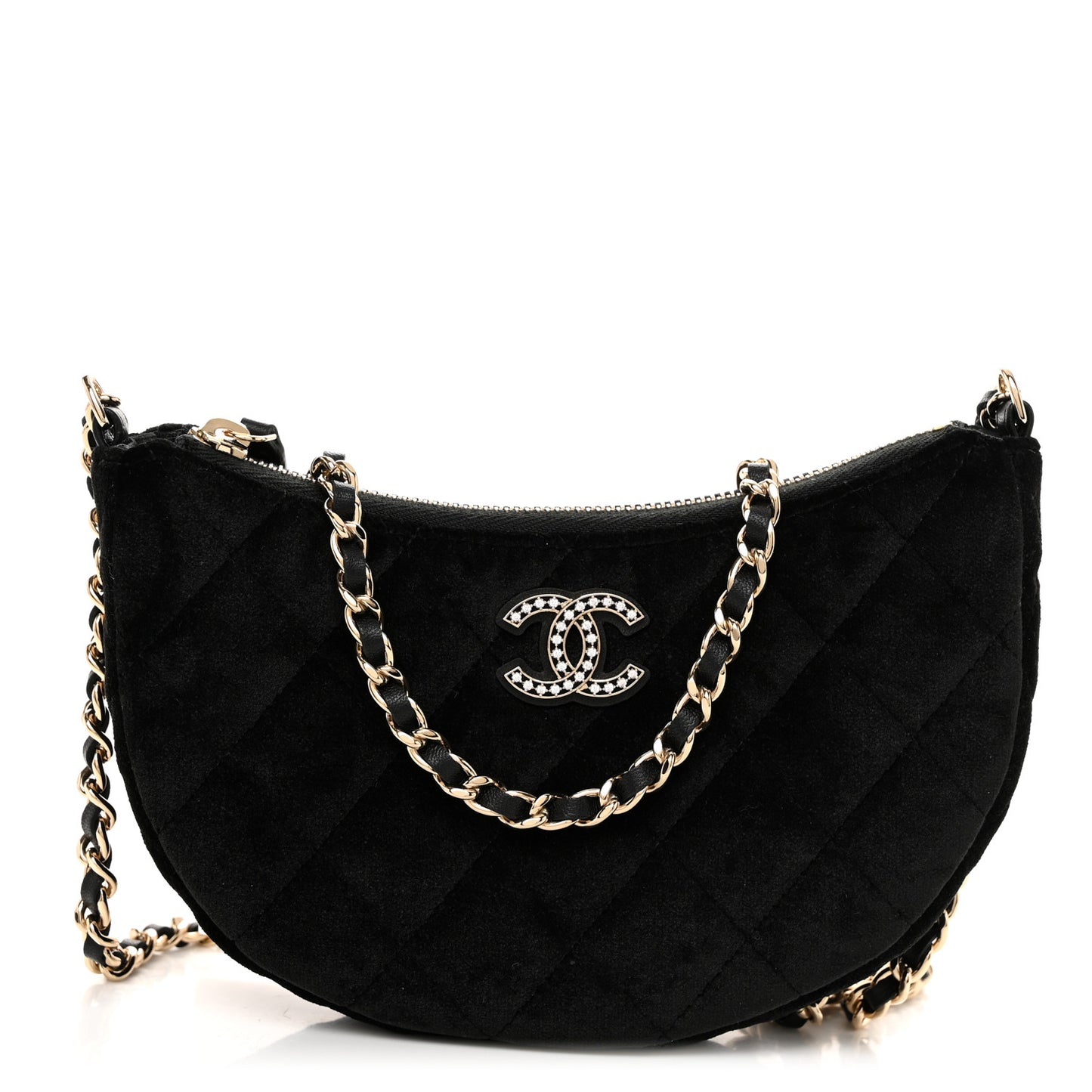 Velvet Crystal Quilted Chain Hobo Black