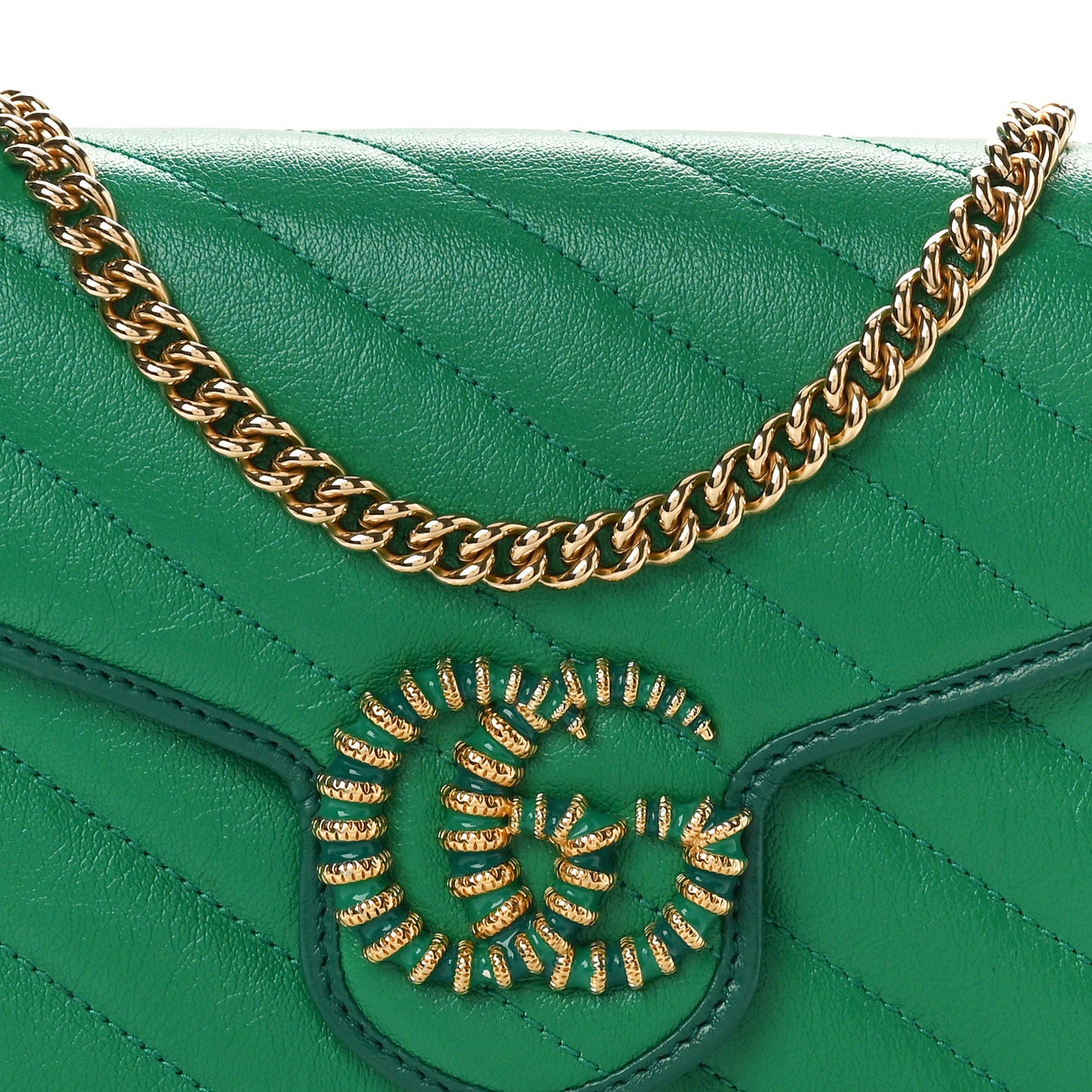 Azalea Calfskin Enamel Matelasse Diagonal Torchon GG Marmont Chain Wallet New Shamrock Emerald