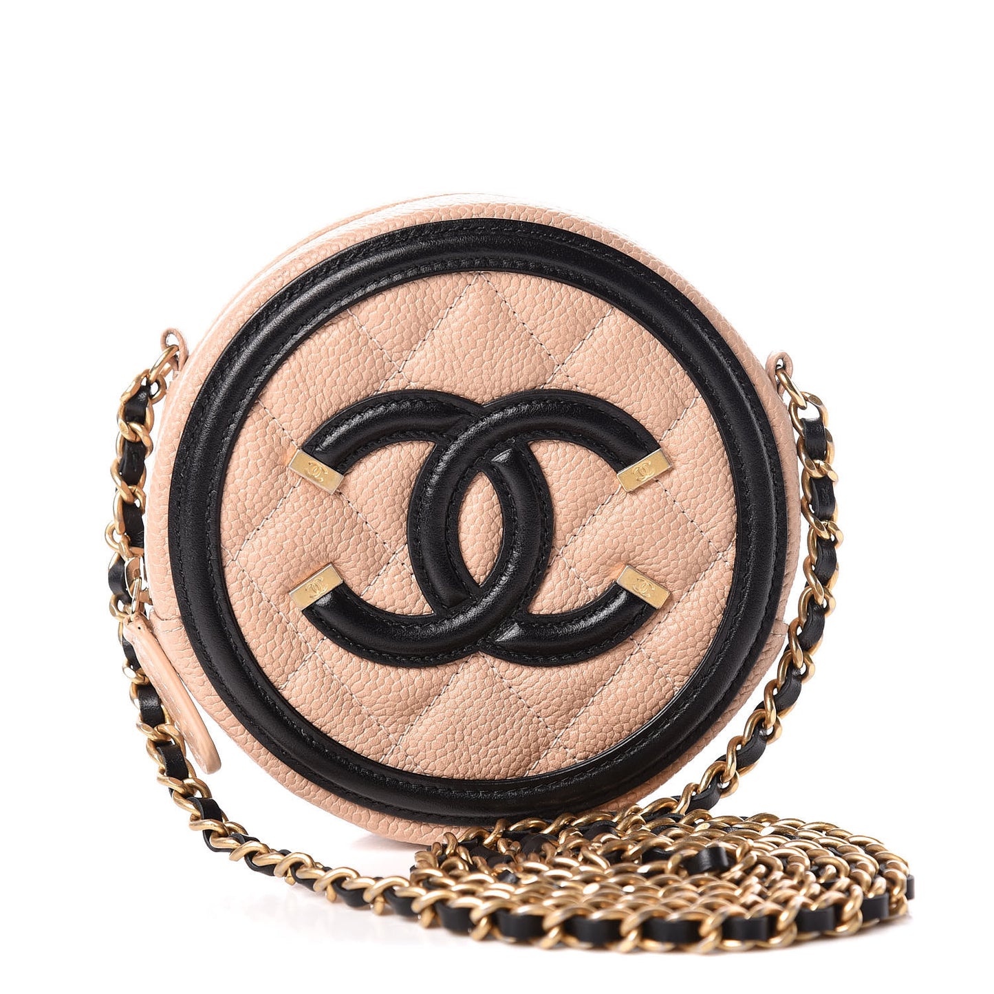 Caviar Quilted Round Filigree Crossbody Beige Black