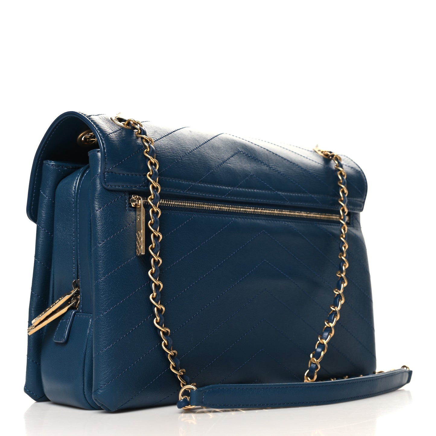 Lambskin Chevron Stitched Large Envelope Flap Blue